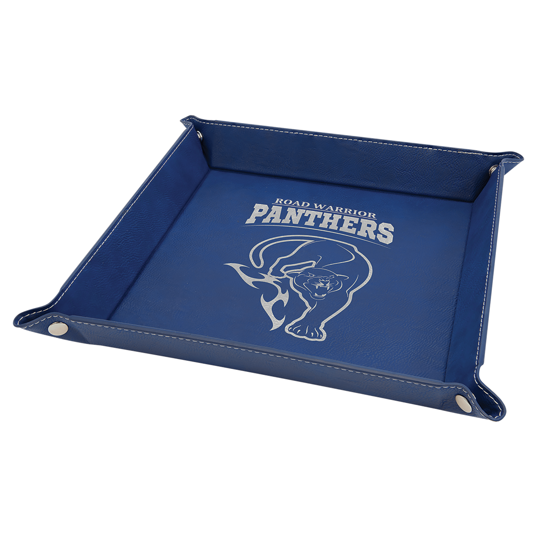 Blue/Silver 2 6" x 6" Laserable Leatherette Snap Up Tray with Silver Snaps