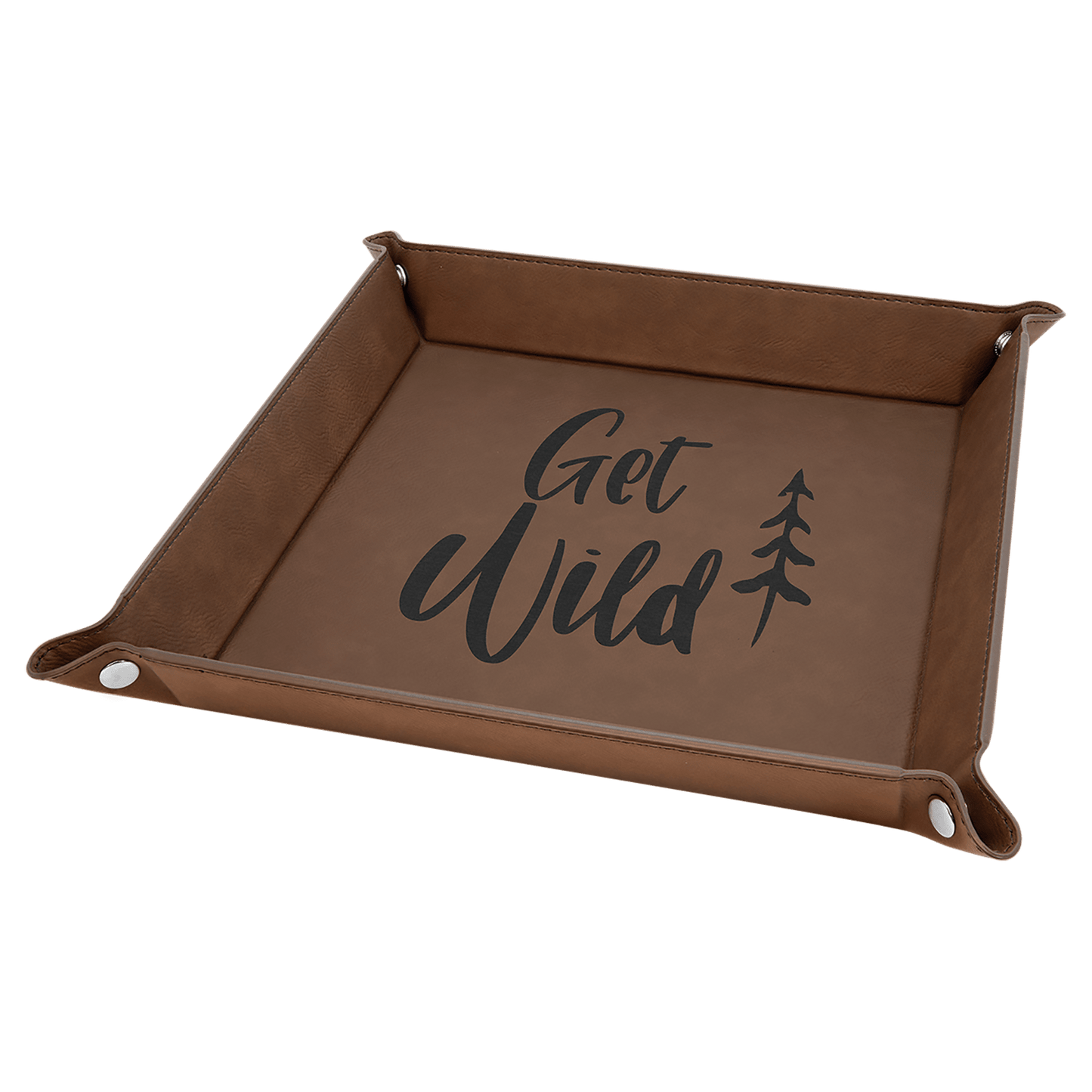 Dark Brown 2 6" x 6" Laserable Leatherette Snap Up Tray with Silver Snaps