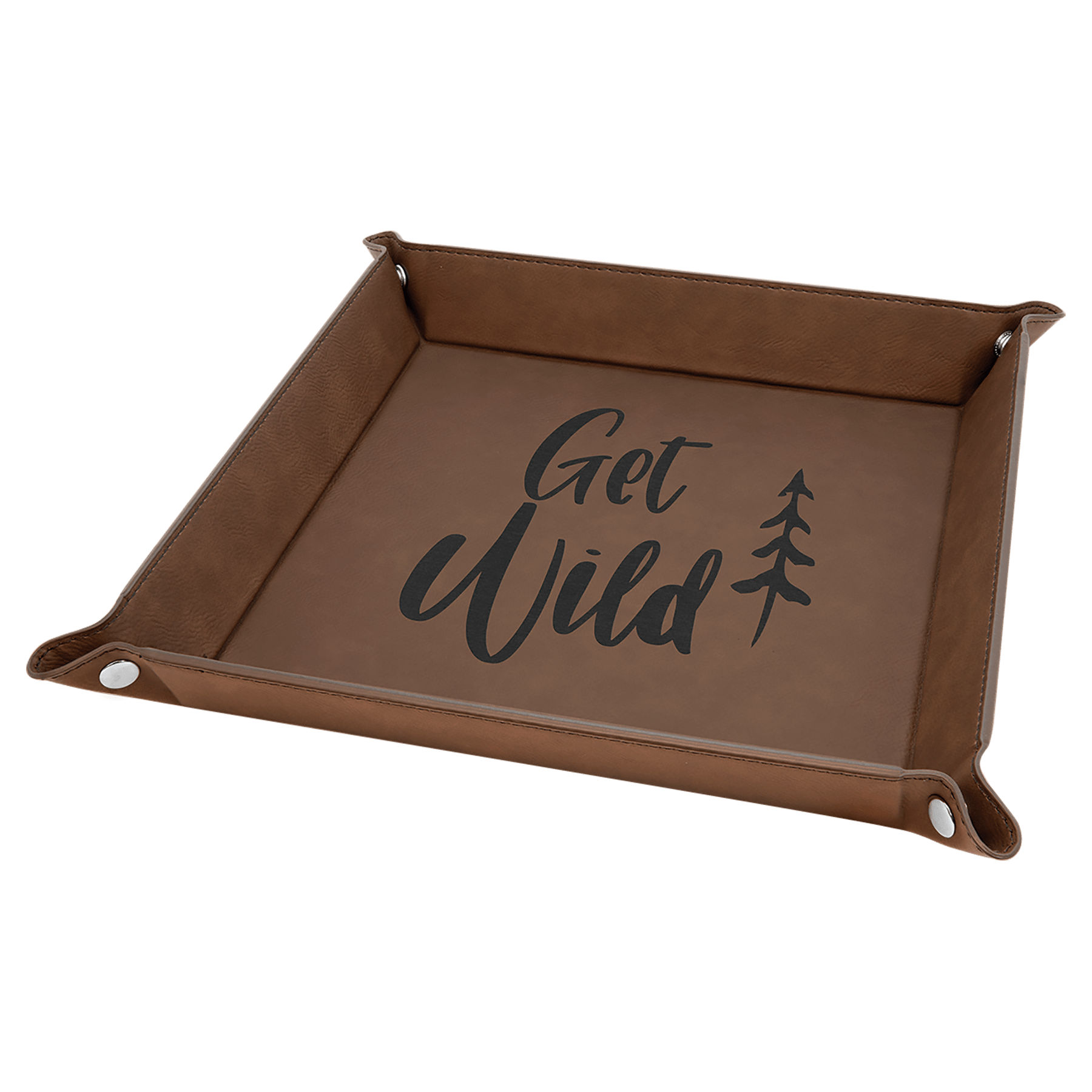 Dark Brown 2 6" x 6" Laserable Leatherette Snap Up Tray with Silver Snaps