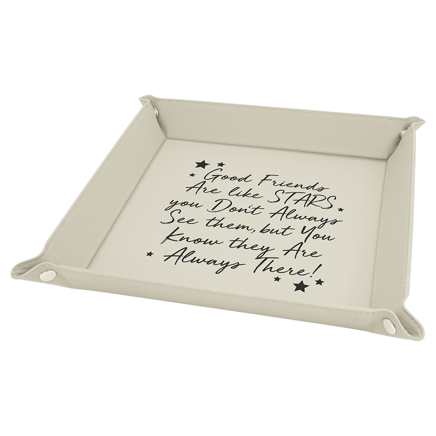 White/Black 6" x 6" Laserable Leatherette Snap Up Tray with Silver Snaps