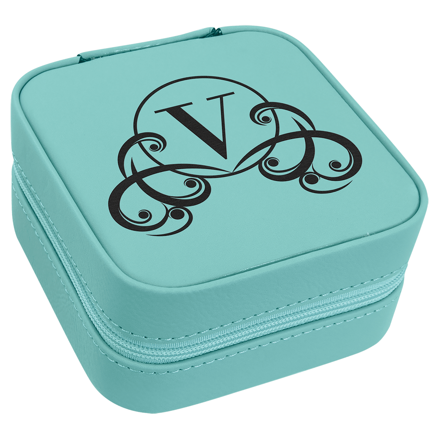 Teal 4" X 4" Laserable Leatherette Travel Jewelry Box with Tan Lining