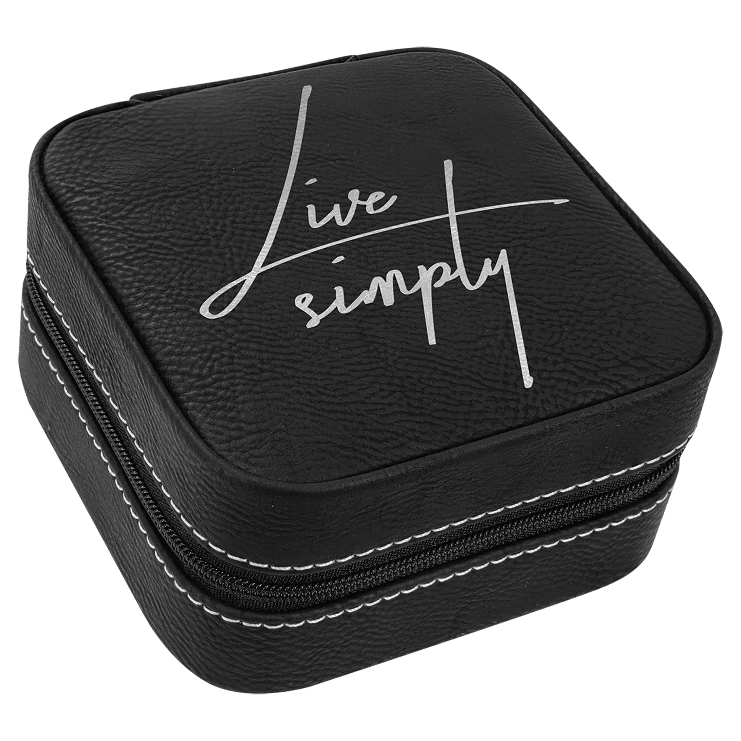 Black/Silver 4" X 4" Laserable Leatherette Travel Jewelry Box with Black Lining