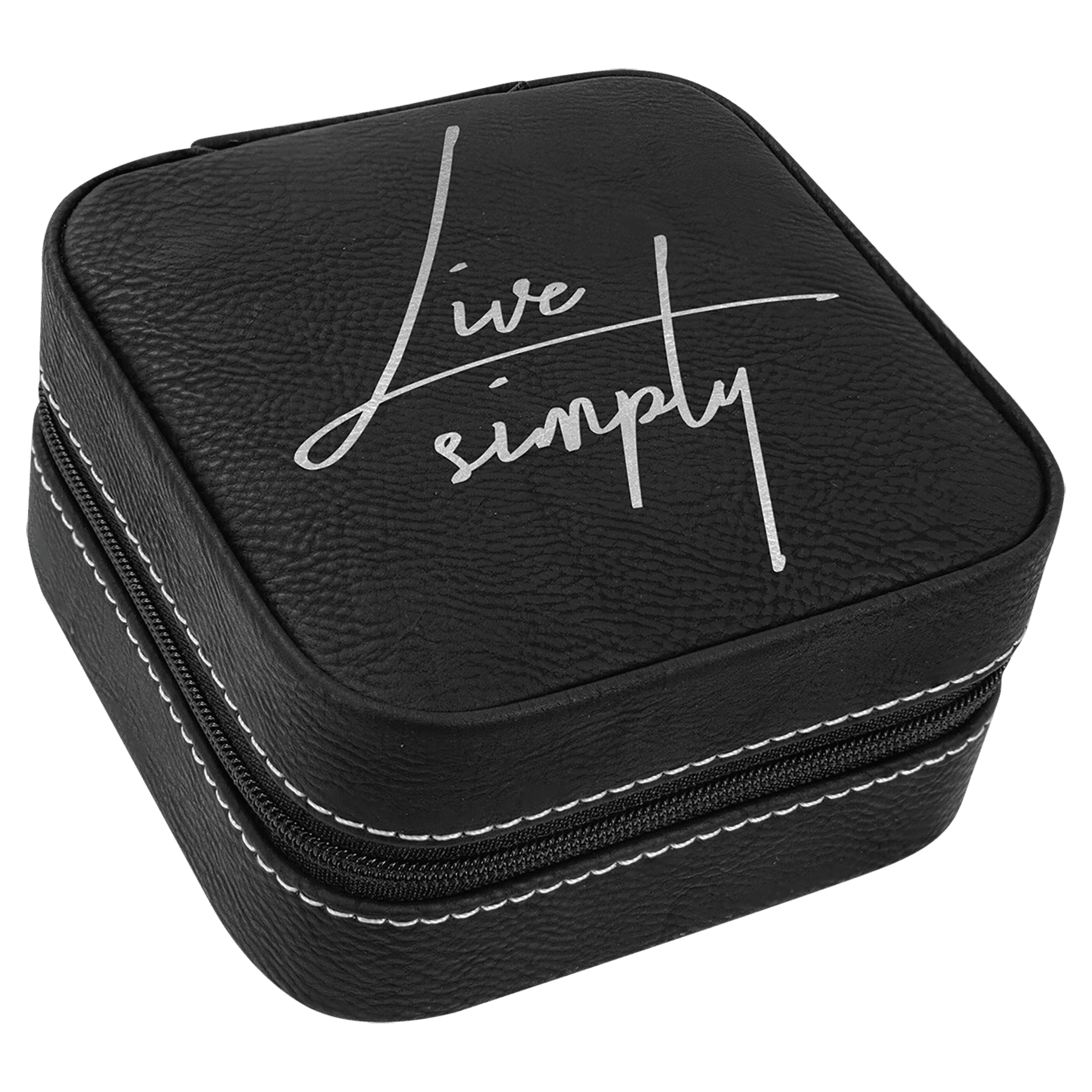 Black/Silver 4" X 4" Laserable Leatherette Travel Jewelry Box with Black Lining