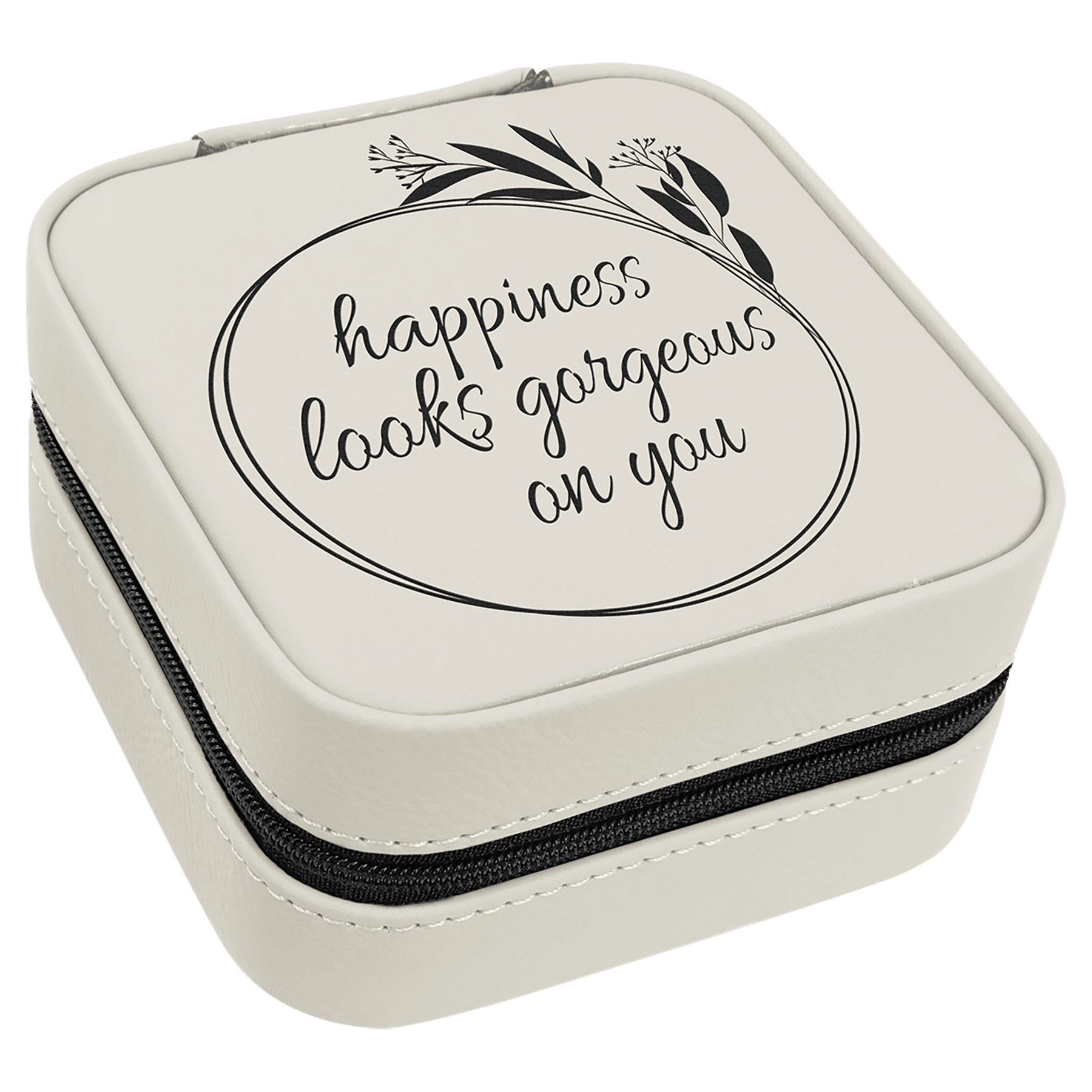 White/Black 4" X 4" Laserable Leatherette Travel Jewelry Box with Black Lining