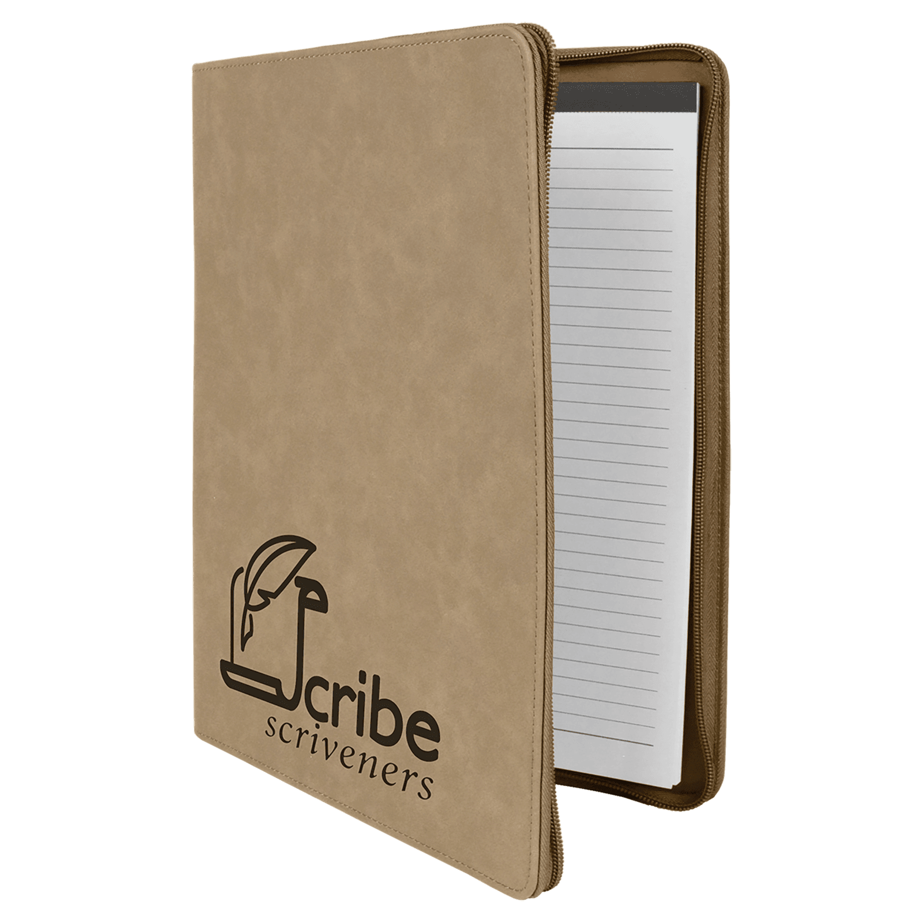 Light Brown 9 1/2" x 12" Light Brown w/ Zipper Laserable Leatherette Portfolio with Notepad