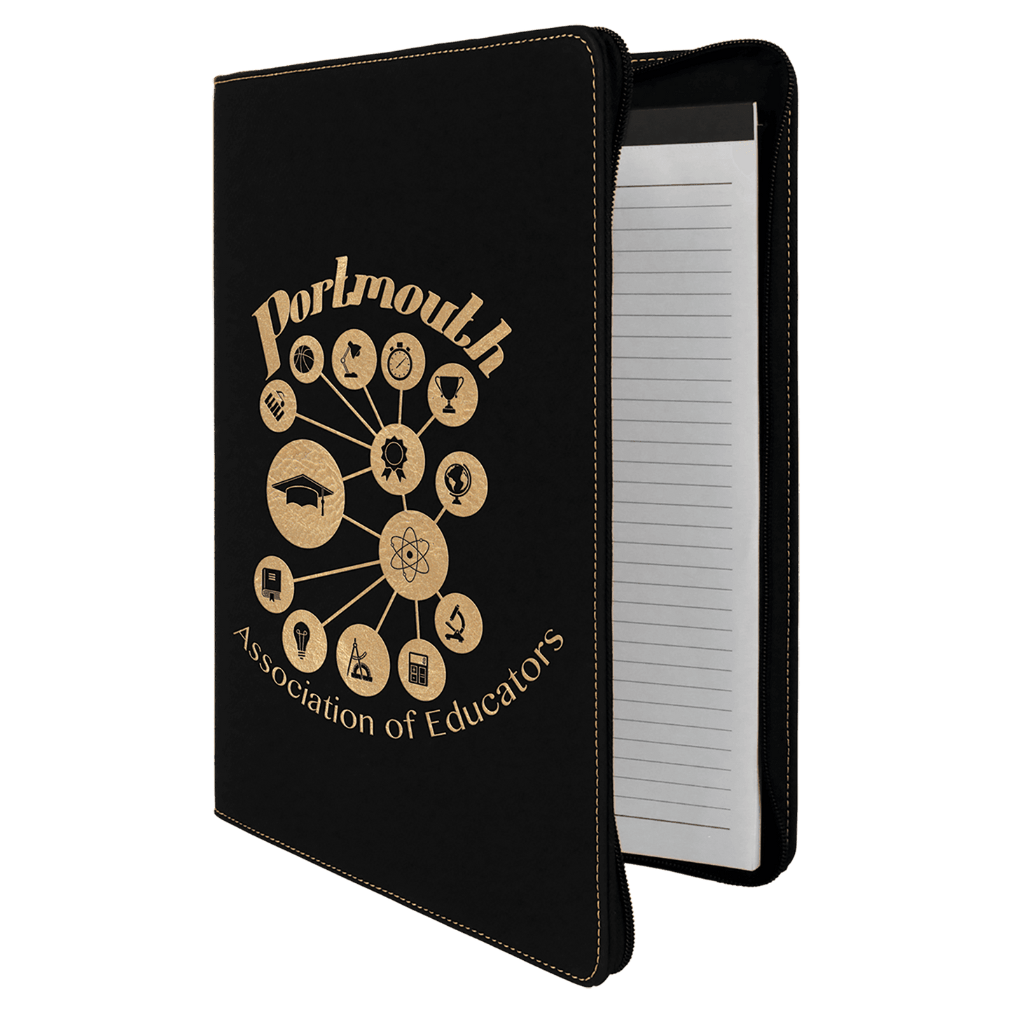 Black/Gold 9 1/2" x 12" Light Brown w/ Zipper Laserable Leatherette Portfolio with Notepad