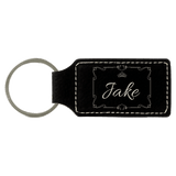 Black/Silver 2 3/4" x 1 1/4" Laserable Leatherette Rectangle Keychain