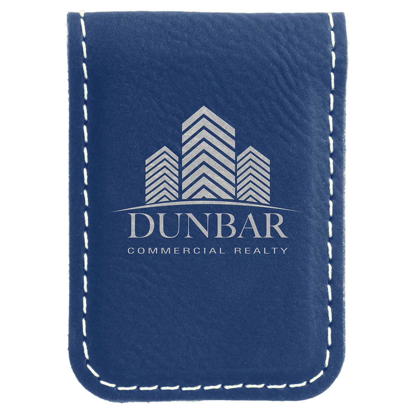 Blue/Silver 1 3/4" x 2 1/2" Laserable Leatherette Money Clip