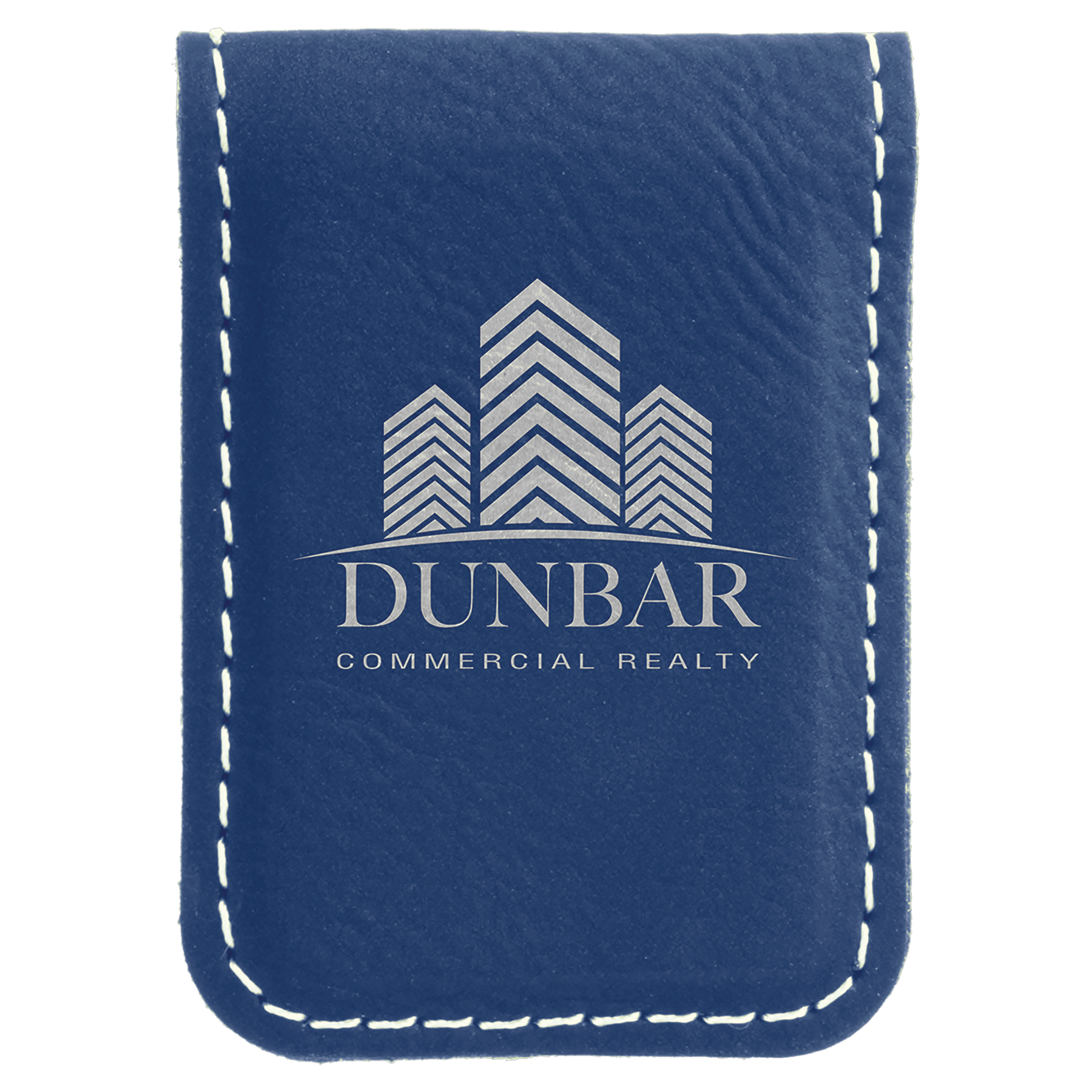Blue/Silver 1 3/4" x 2 1/2" Laserable Leatherette Money Clip