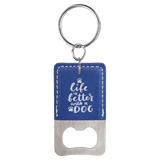 Blue/Silver Rectangle Laserable Leatherette Bottle Opener Keychain