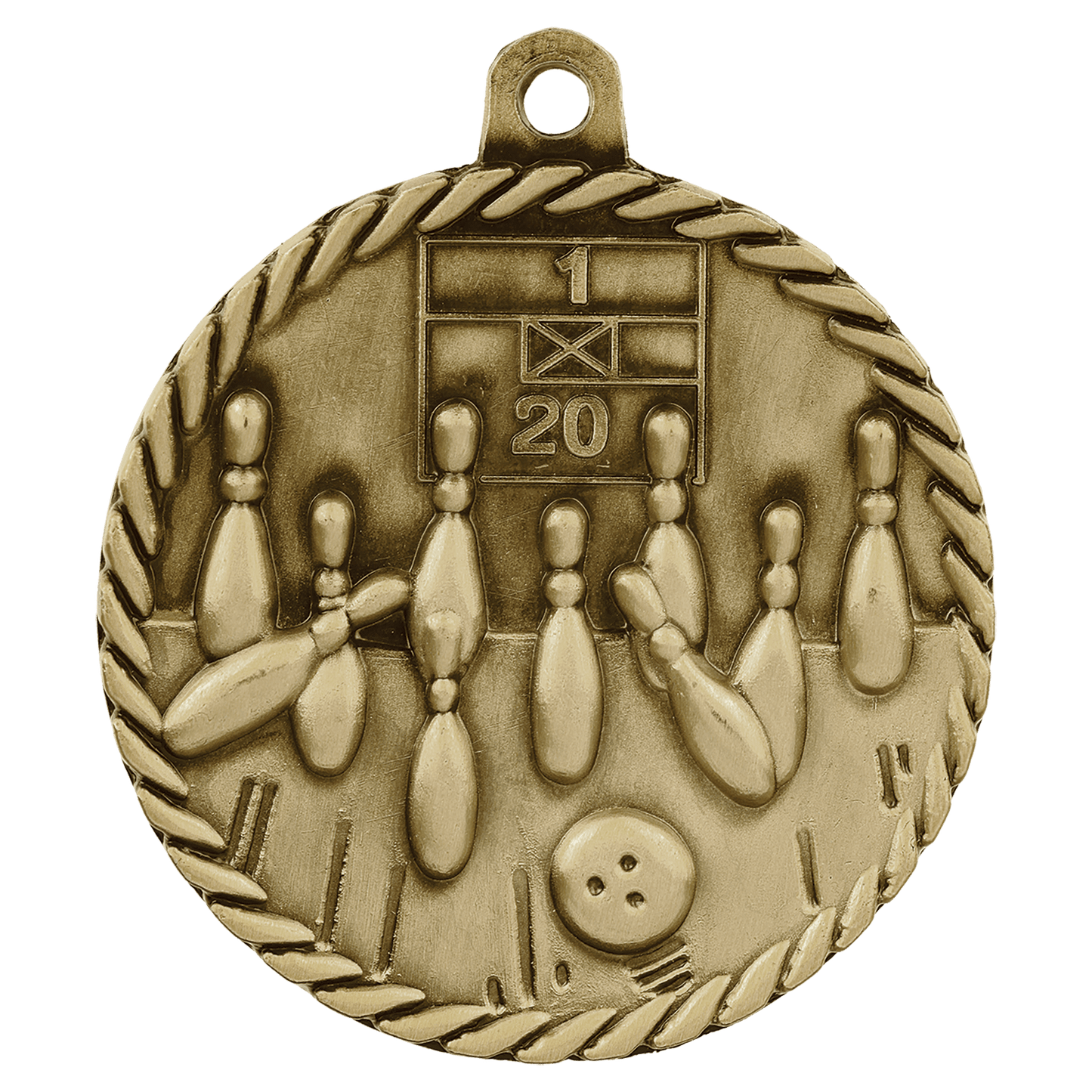 Antique Gold 2" Bowling High Relief Medal