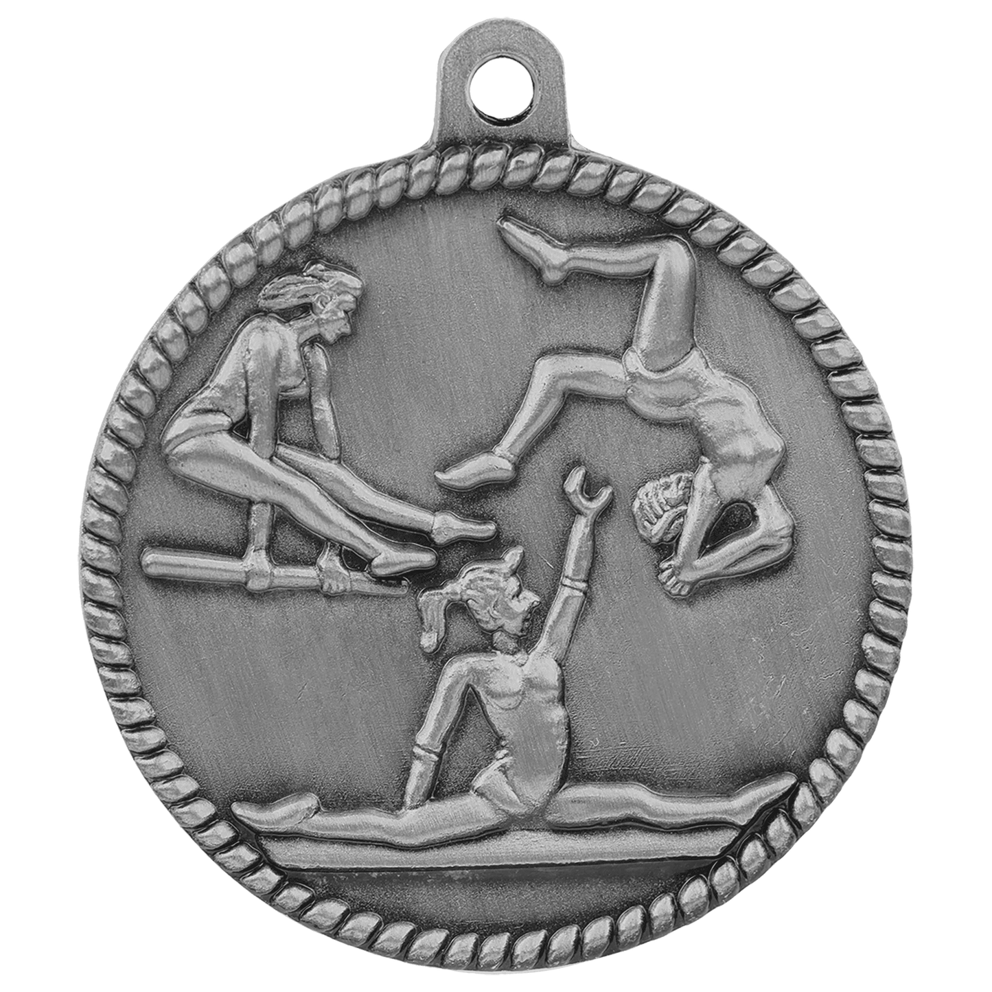 Antique Silver 2" Female Gymnastics High Relief Medal