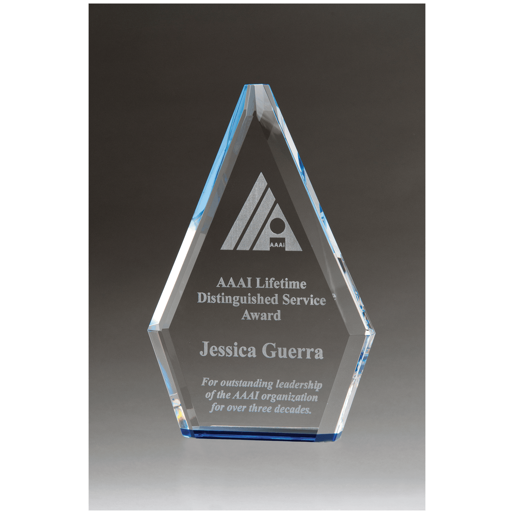 5 1/2" x 8" Flame Series Clear Crystal Award with Blue Accen               ted Bottom