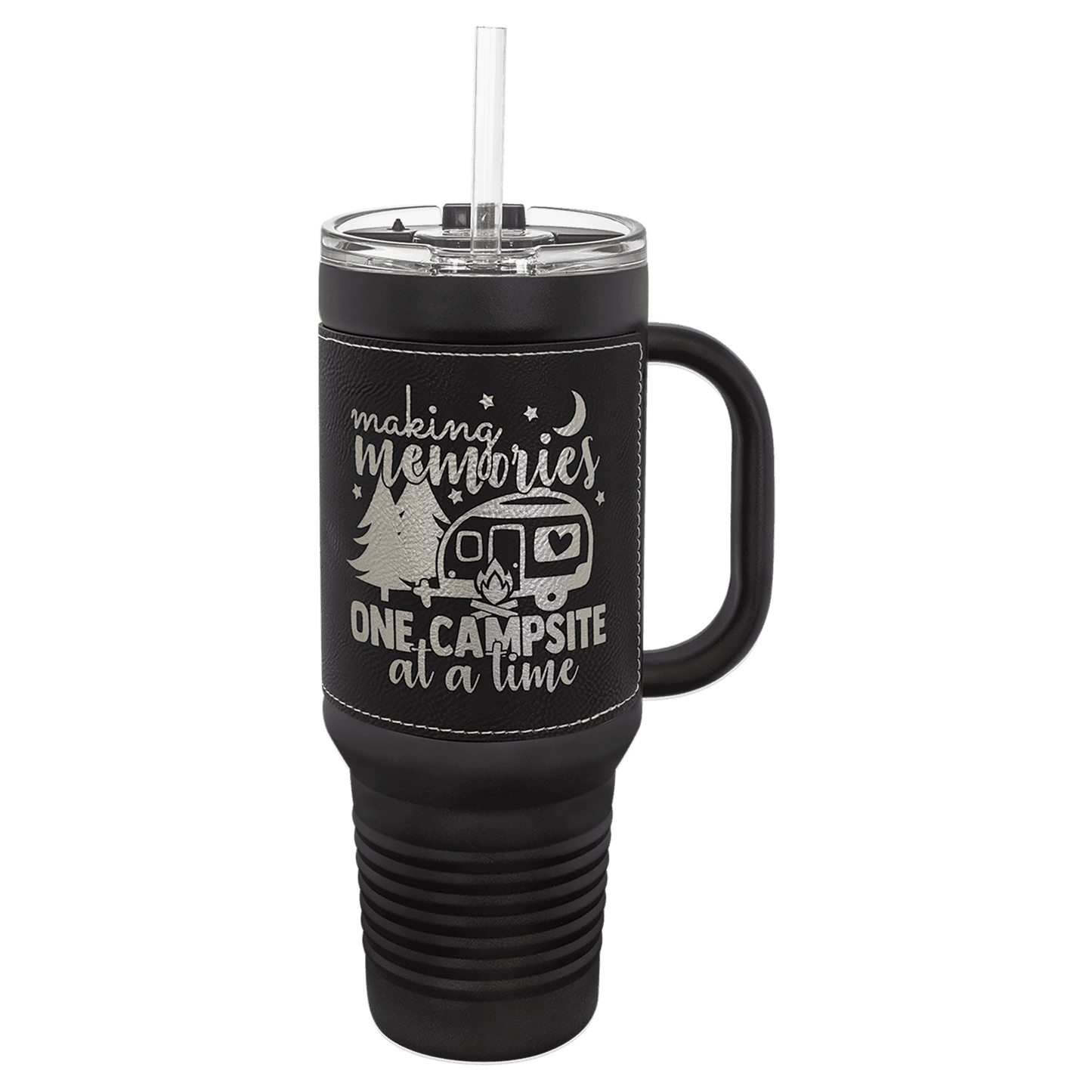 Black with Black/Silver Polar Camel 40 oz. Black Leatherette Travel Mug with Handle & Straw