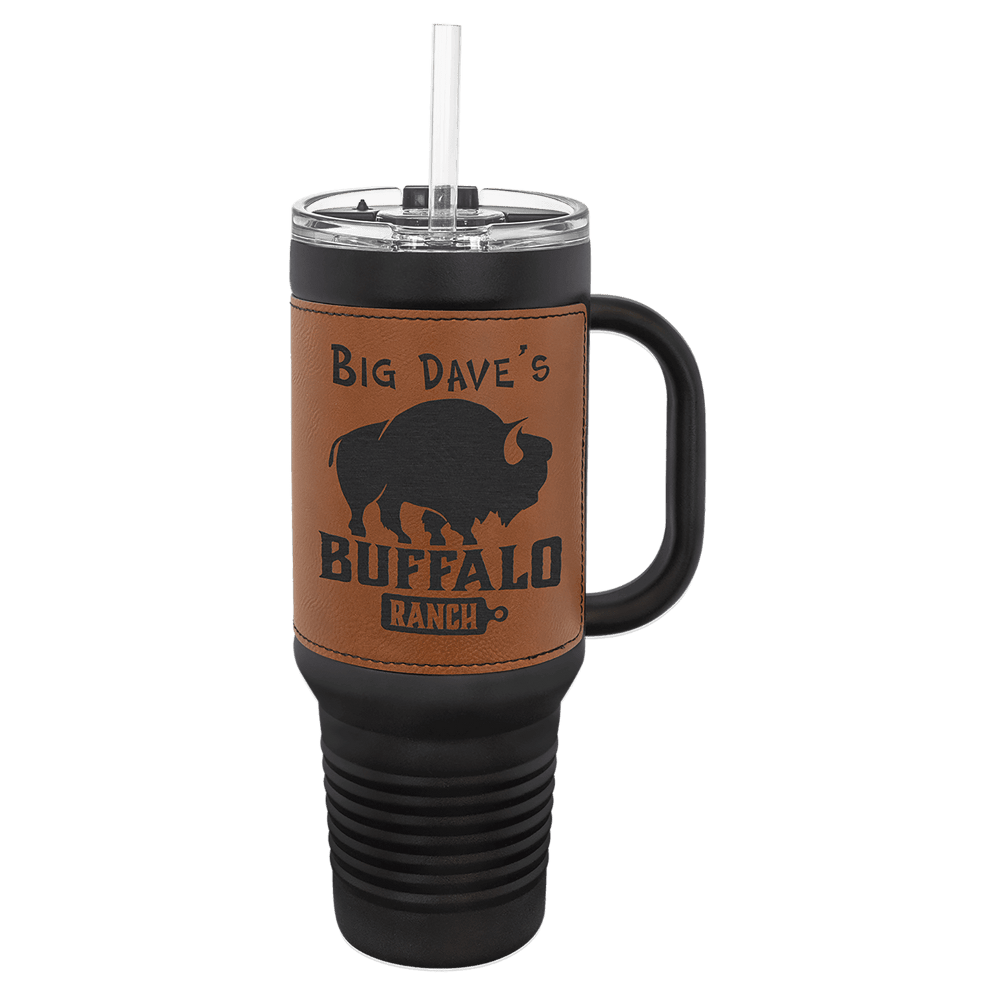 Black with Rawhide Polar Camel 40 oz. Black Leatherette Travel Mug with Handle & Straw