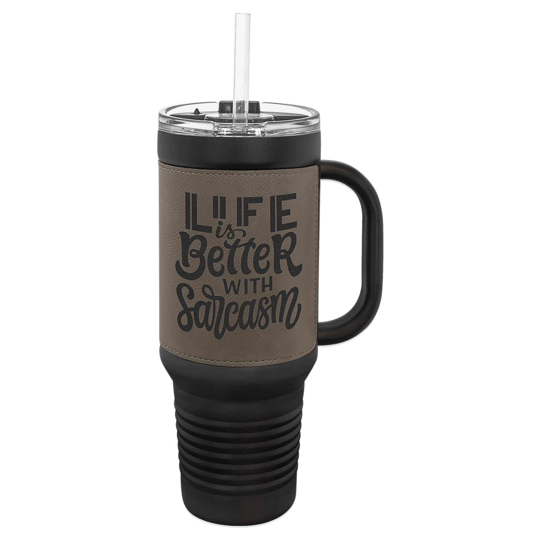 Black with Gray Polar Camel 40 oz. Black Leatherette Travel Mug with Handle & Straw