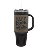 Black with Gray Polar Camel 40 oz. Laserable Leatherette Travel Mug with a Handle & Straw
