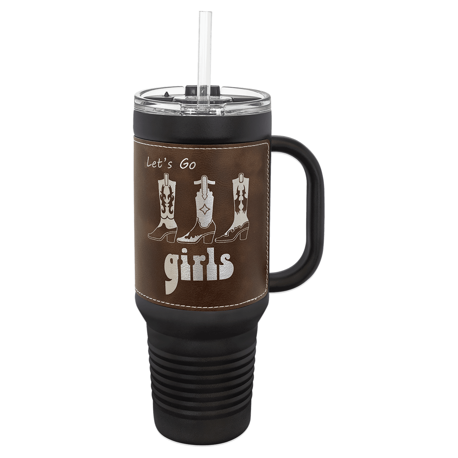 Black with Rustic/Silver Polar Camel 40 oz. Black Leatherette Travel Mug with Handle & Straw