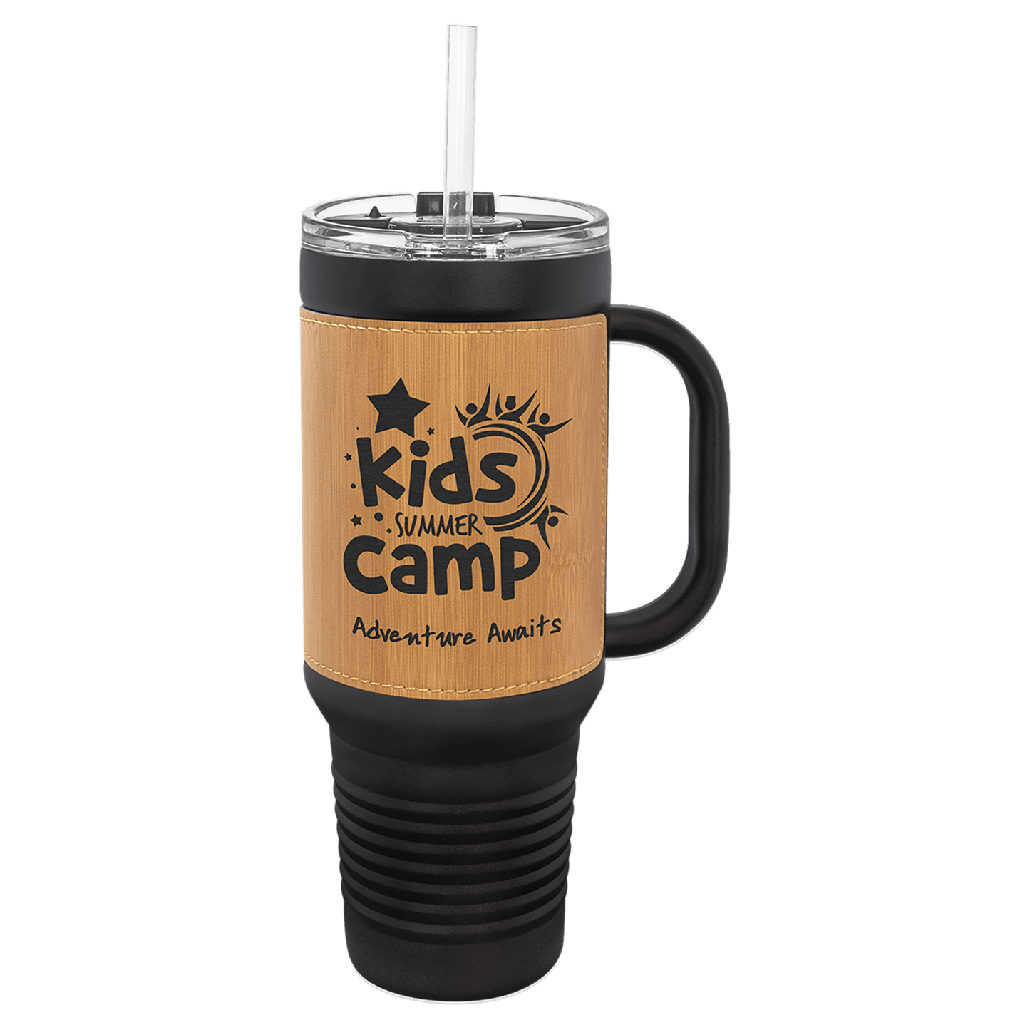 Black with Bamboo Polar Camel 40 oz. Black Leatherette Travel Mug with Handle & Straw