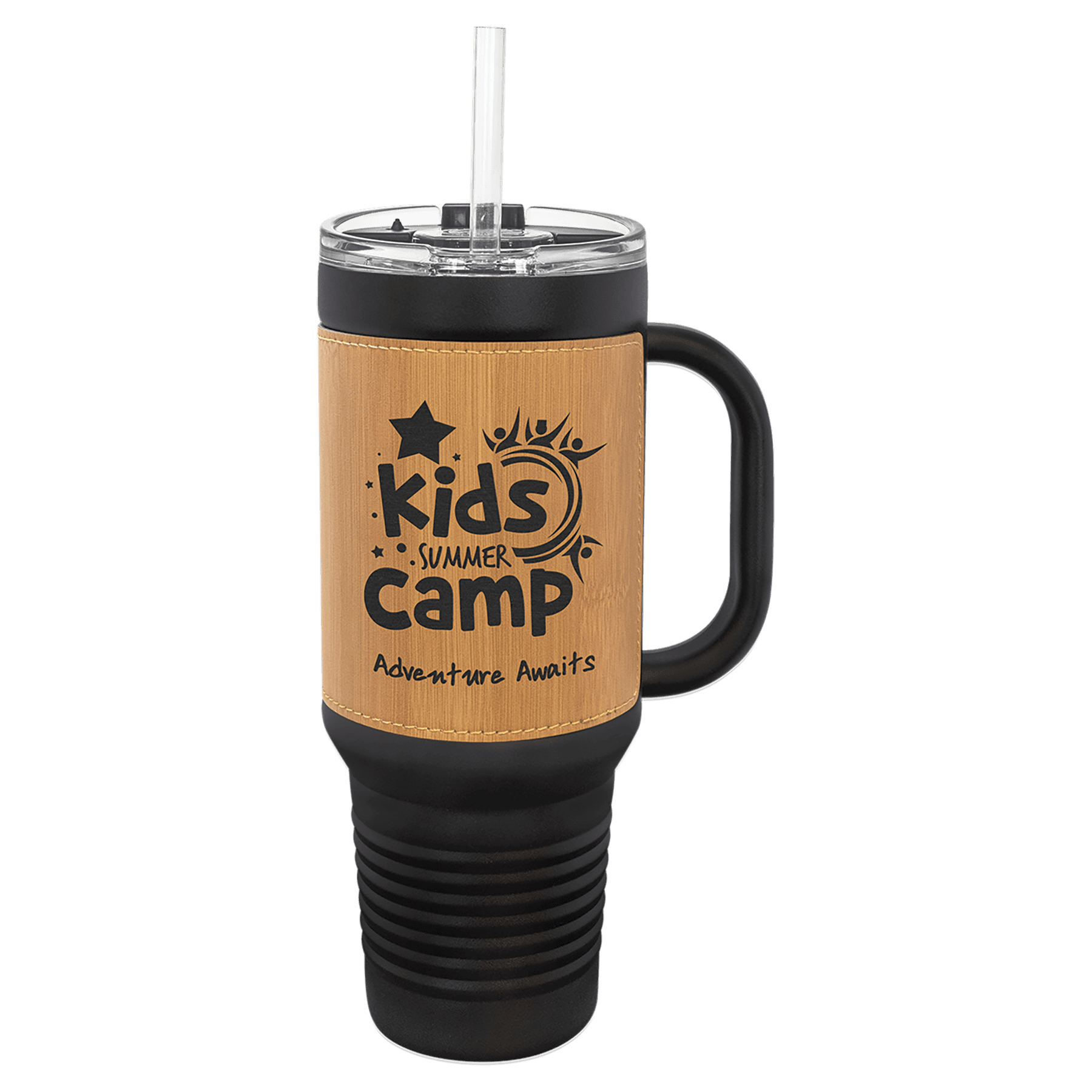 Black with Bamboo Polar Camel 40 oz. Black Leatherette Travel Mug with Handle & Straw