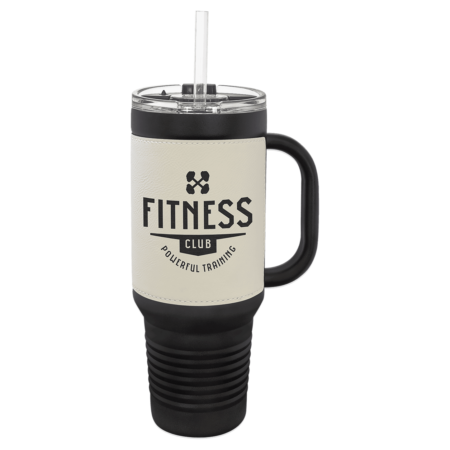 Black with White Polar Camel 40 oz. Black Leatherette Travel Mug with Handle & Straw