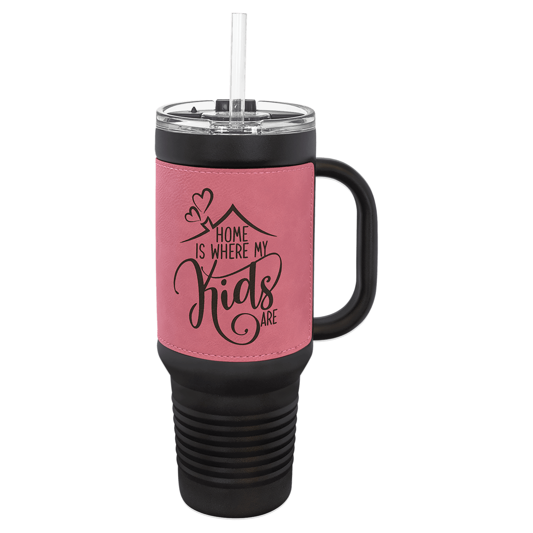 Black with Pink Polar Camel 40 oz. Black Leatherette Travel Mug with Handle & Straw