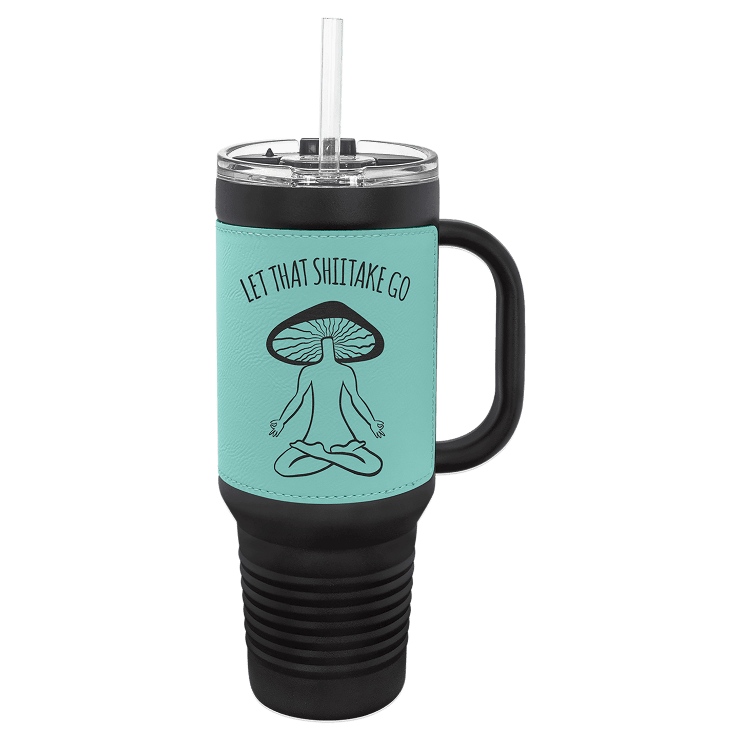 Black with Teal Polar Camel 40 oz. Black Leatherette Travel Mug with Handle & Straw
