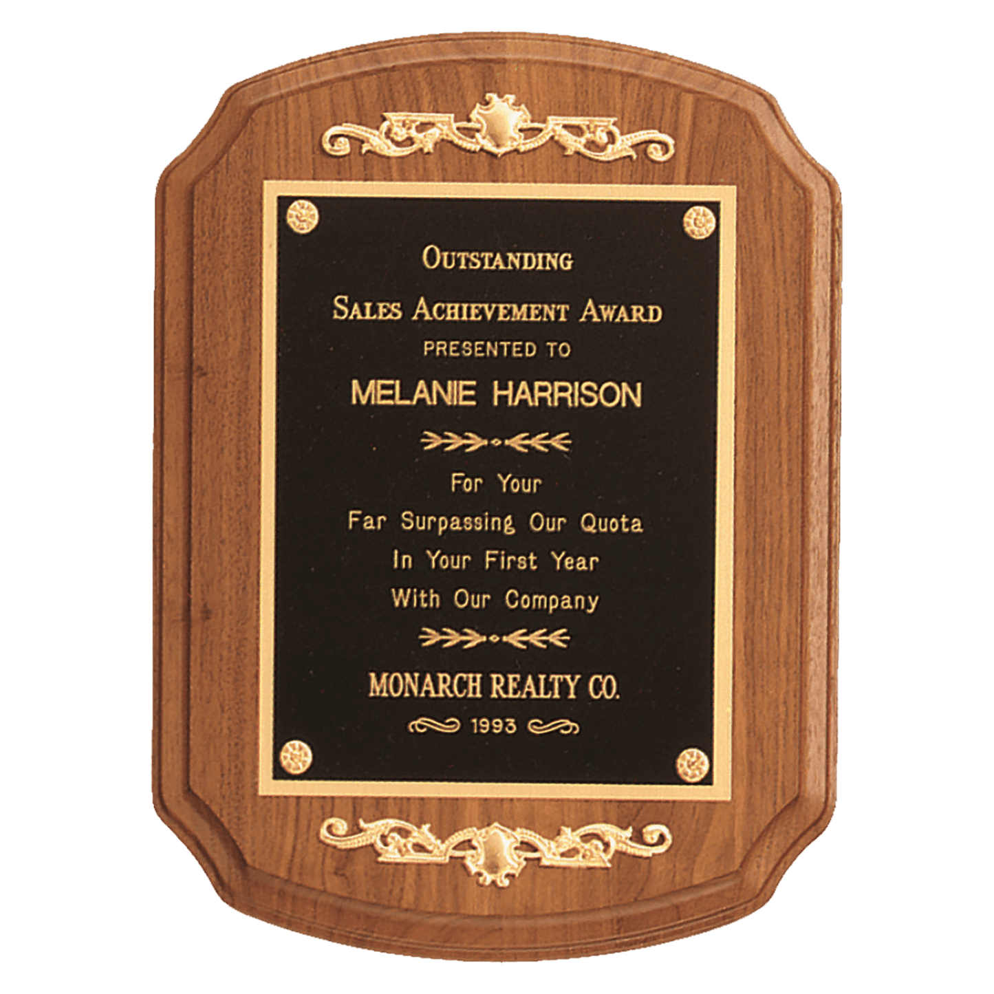 9" x 12" American Walnut Rounded, Scalloped Corner Plaque with Decorative Gold Scrolls and a Gold Border Black Laser Engravable Plate