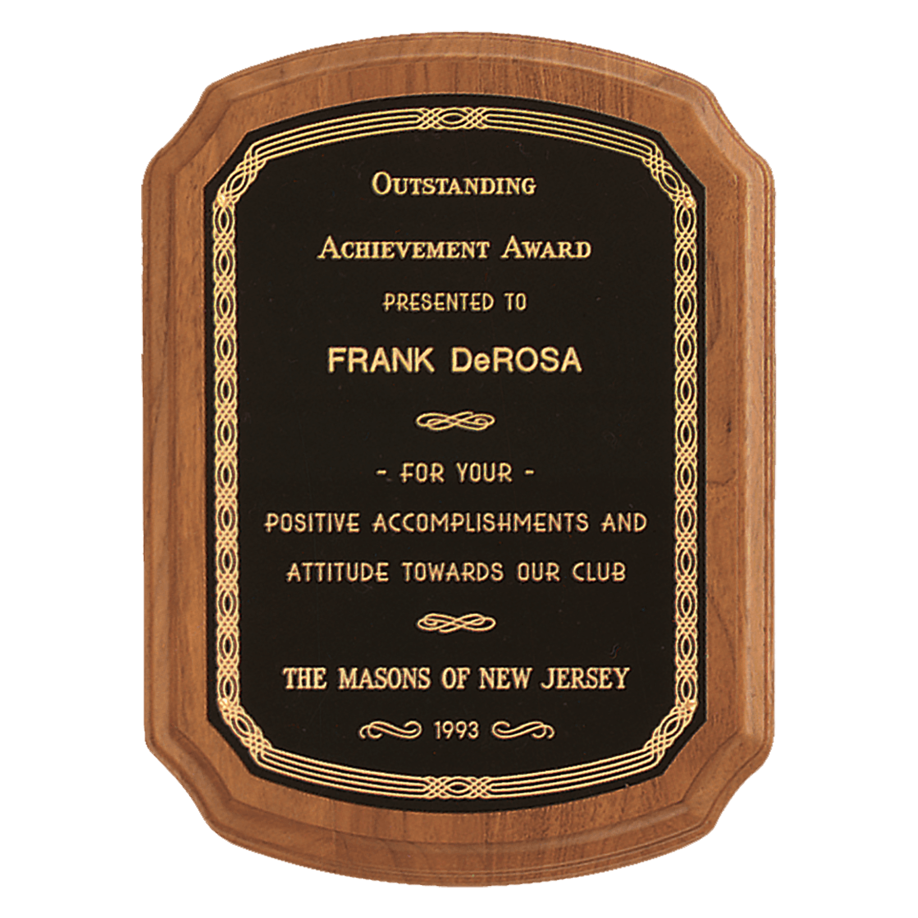 Walnut Plaque with Gold Border Laserable Black Brass 7" x 8" Coventry Series American Plate