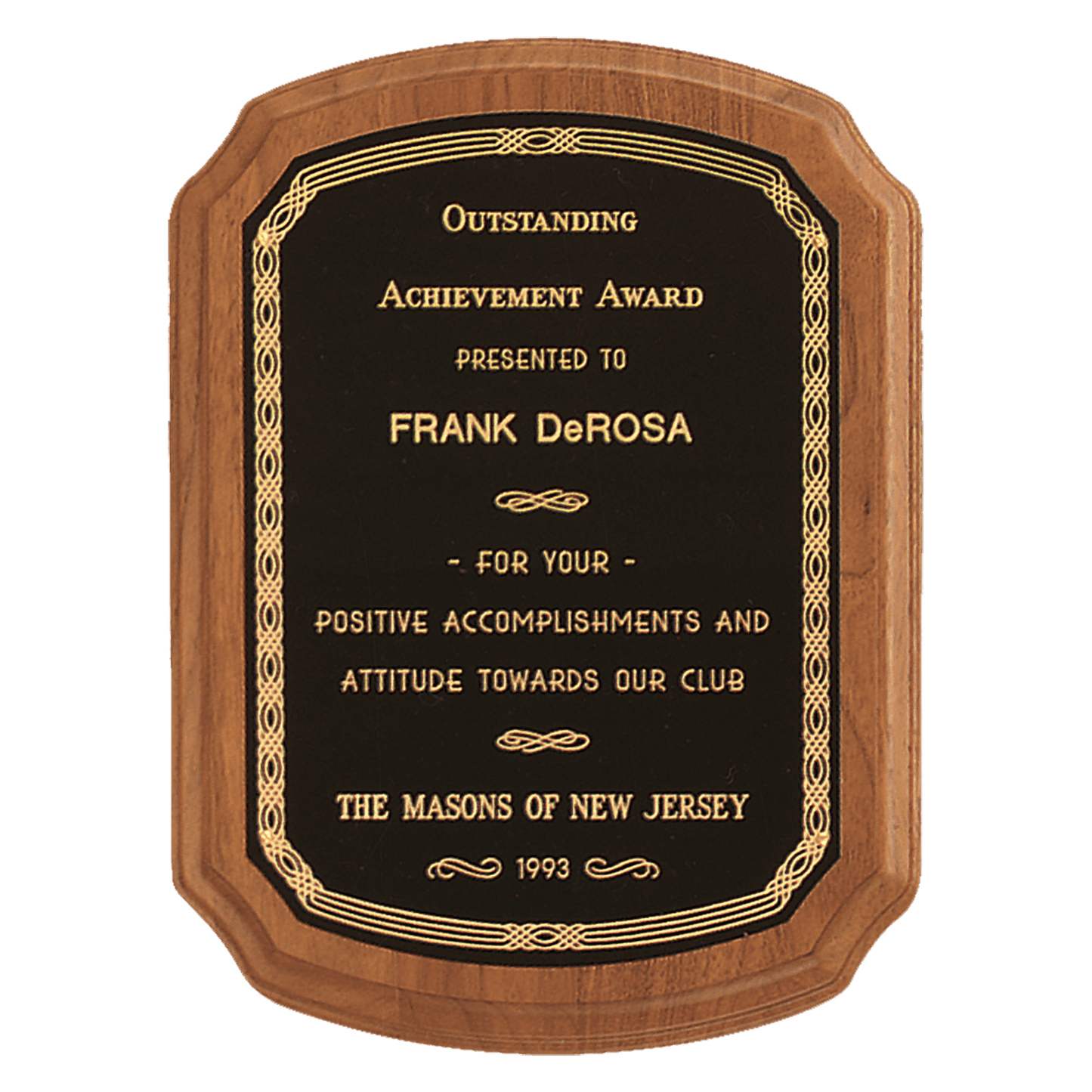 10 1/2" x 13" Coventry Series American Walnut Plaque with Gold Border Laserable Black Brass Plate
