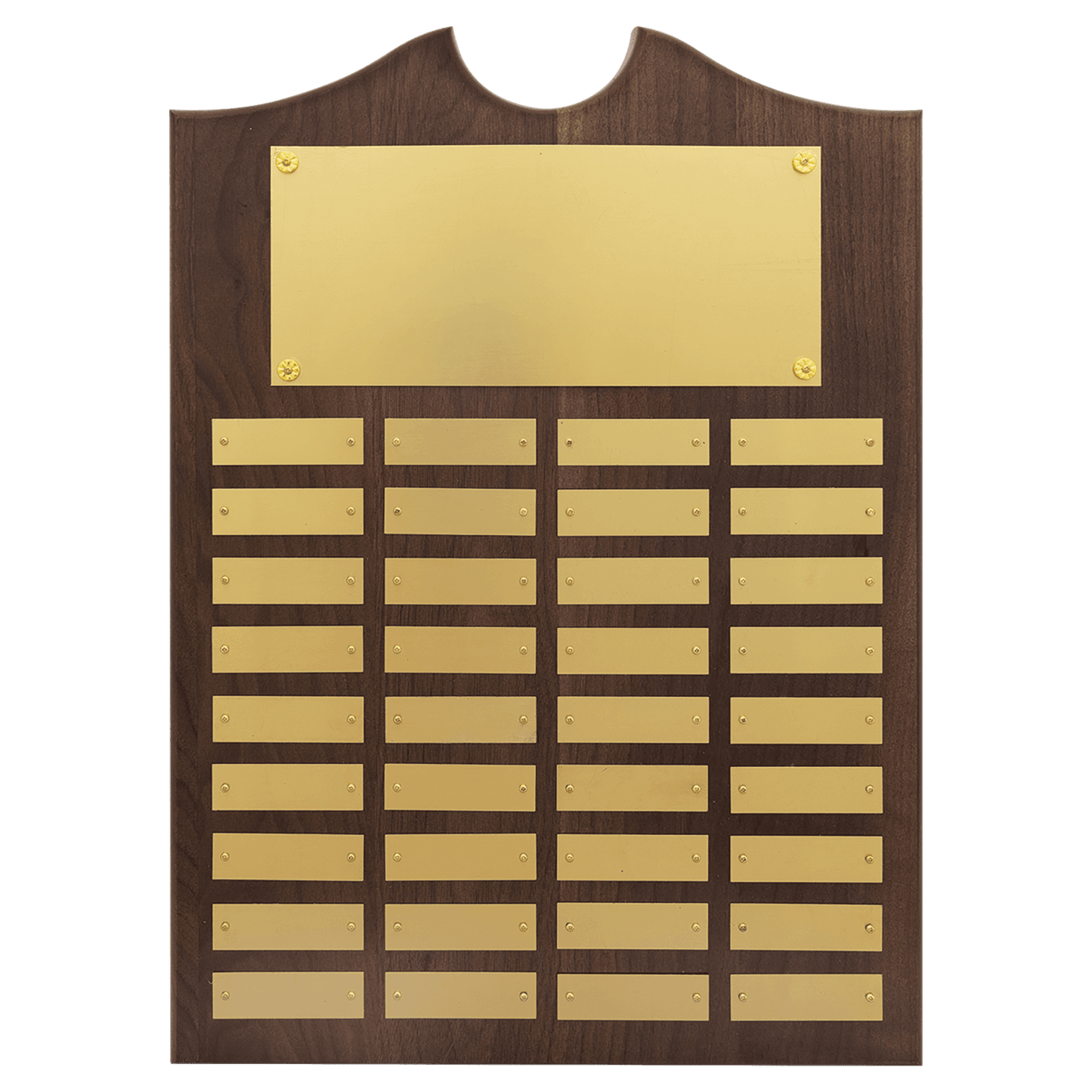 Walnut 36 Plate Perpetual Plaque with Brushed Brass 14" x 20"/Plates 7/8" x 2 3/4" American Plates