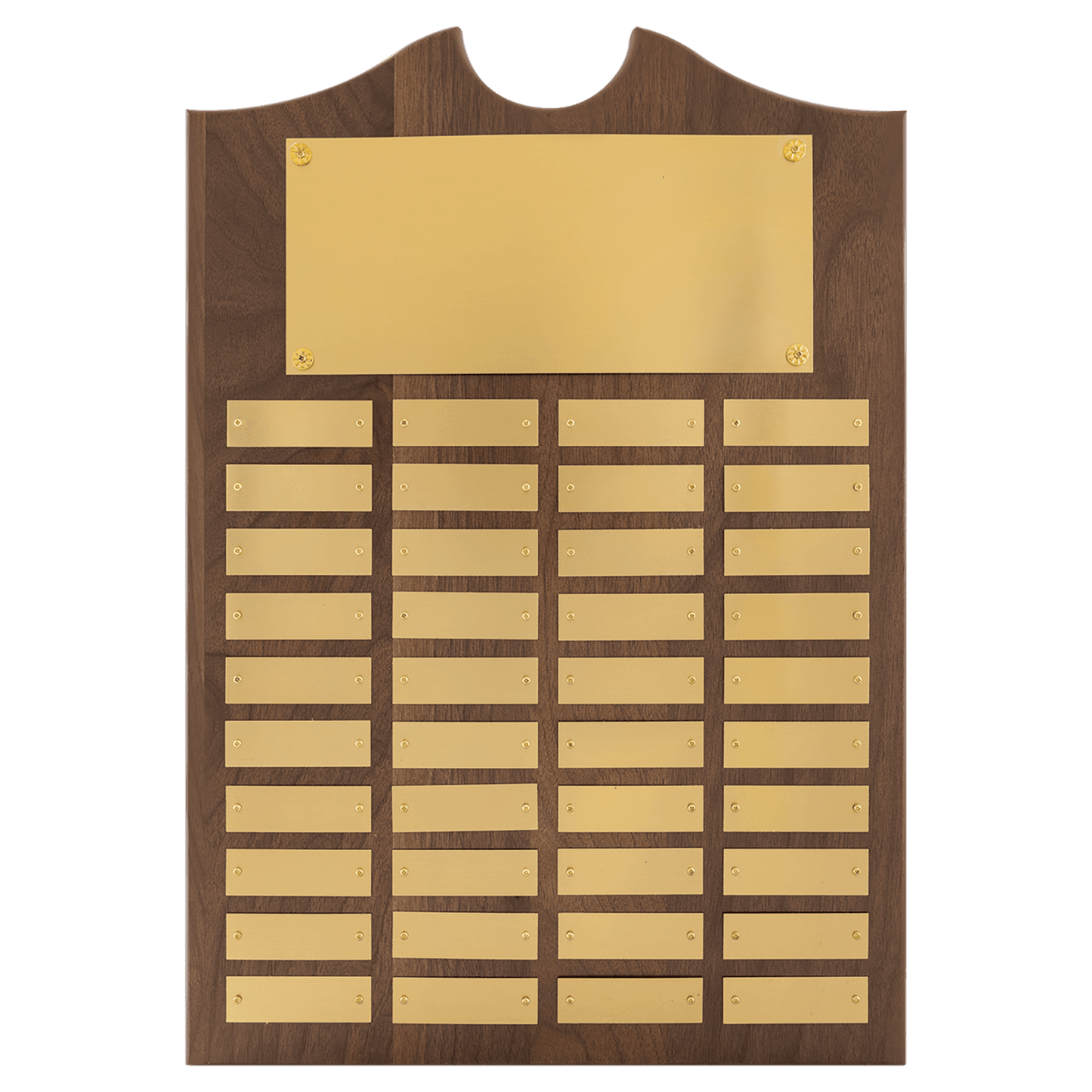 Walnut 40 Plate Perpetual Plaque with Brushed Brass 14" x 20"/Plates 7/8" x 2 3/4" American Plates