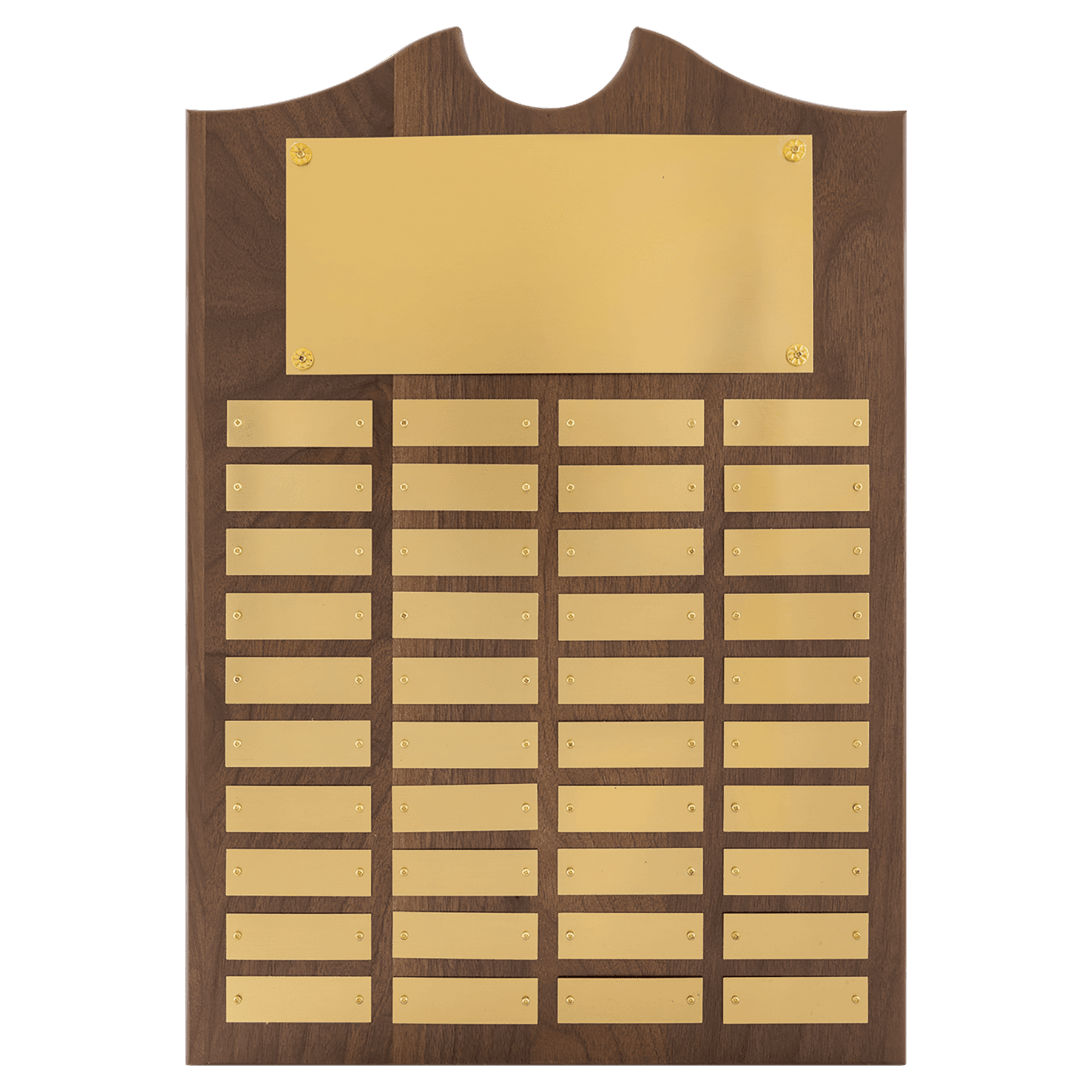 Walnut 40 Plate Perpetual Plaque with Brushed Brass 14" x 20"/Plates 7/8" x 2 3/4" American Plates