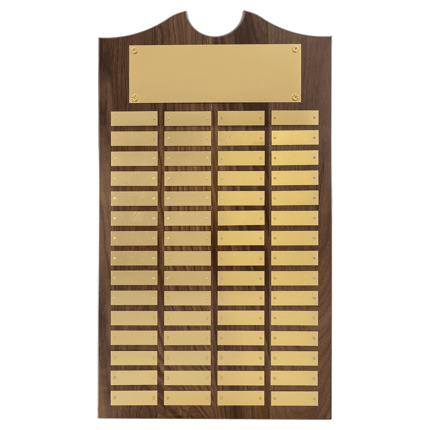 Walnut 60 Plate Perpetual Plaque with Brushed Brass 14" x 25"/Plates 7/8" x 2 3/4" American Plates