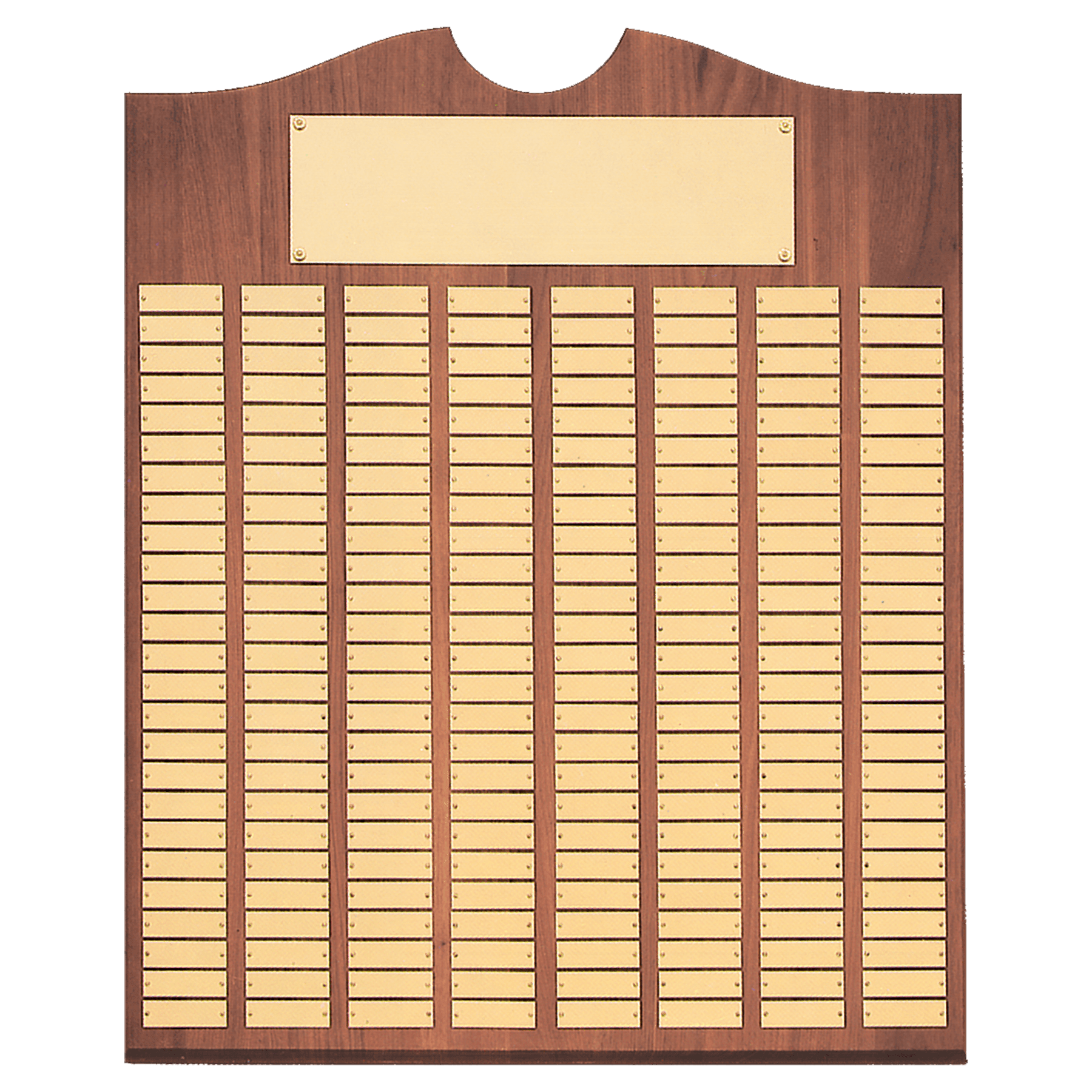 Walnut 96 Plate Perpetual Plaque with Brushed Brass 20" x 30"/Plates 7/8" x 2 3/4" American Plates