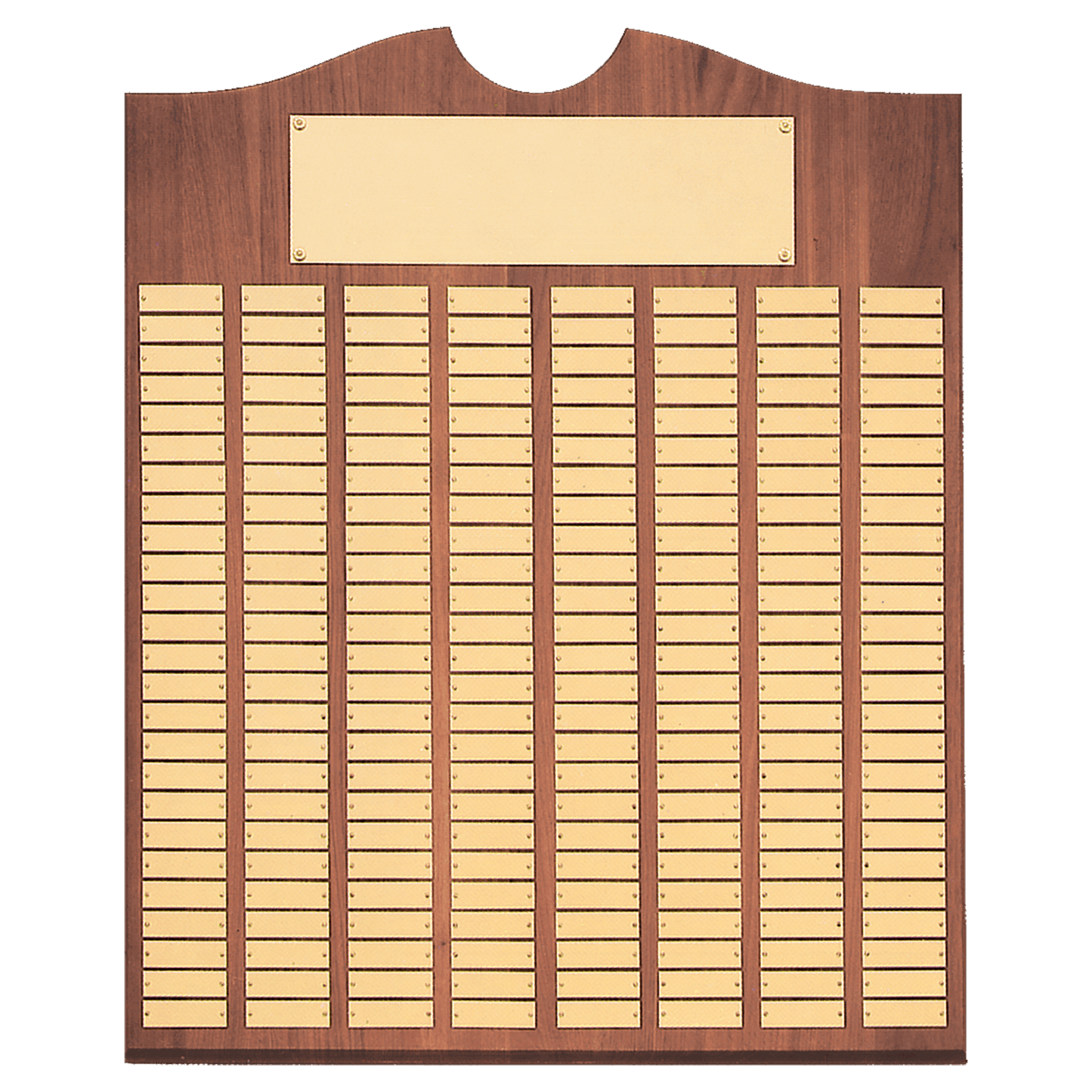 Walnut 150 Plate Perpetual Plaque with Brushed Brass 20" x 30"/Plates 7/8" x 2 3/4" American Plates
