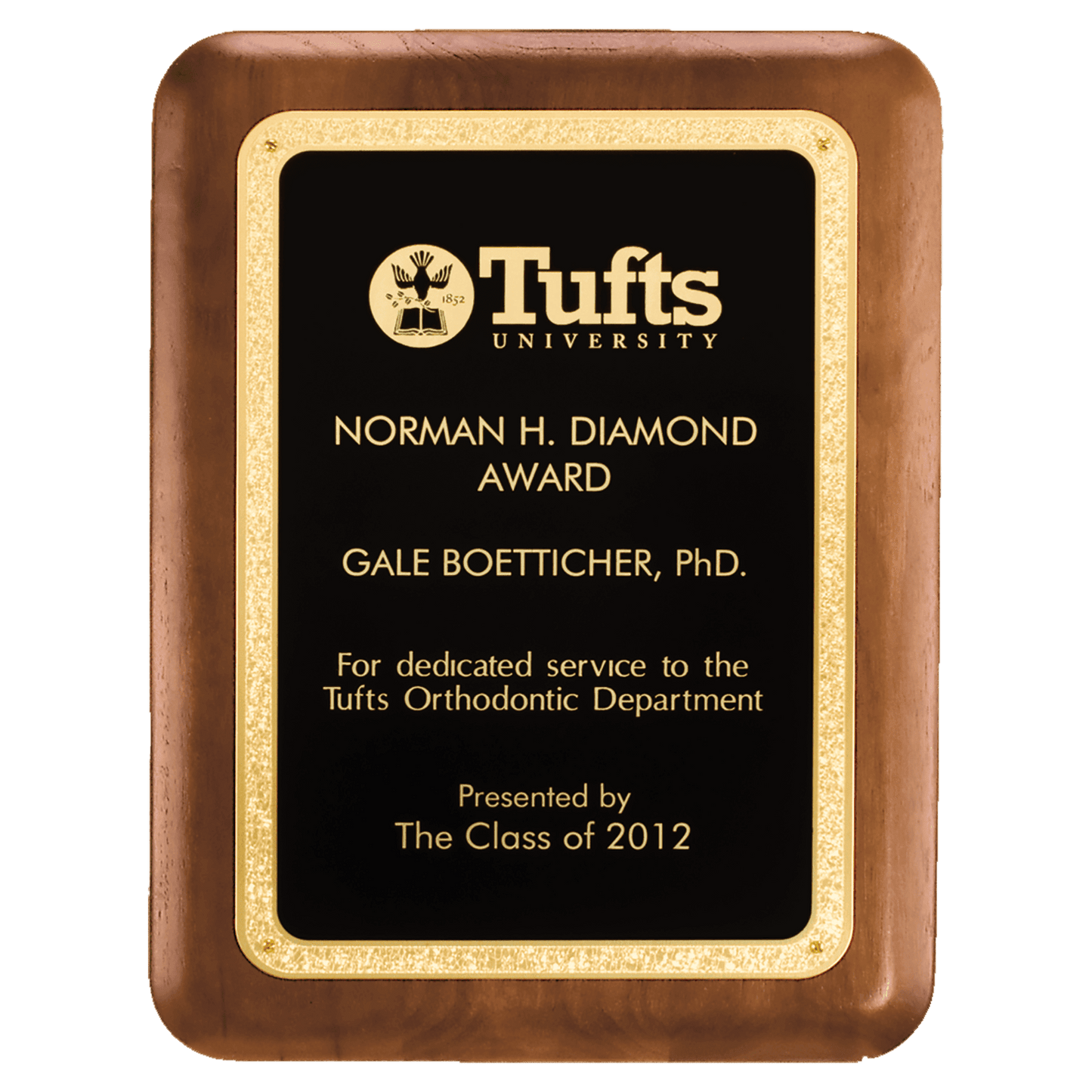 7" x 9" American Walnut Plaque with Textured Black LaserFX Plate with Gold Florentine Border
