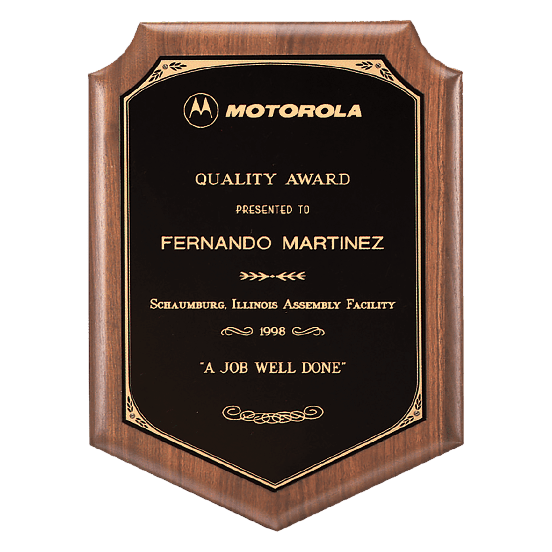 Walnut Plaque with Gold Border Laserable Black Brass 7" x 8" American Plate