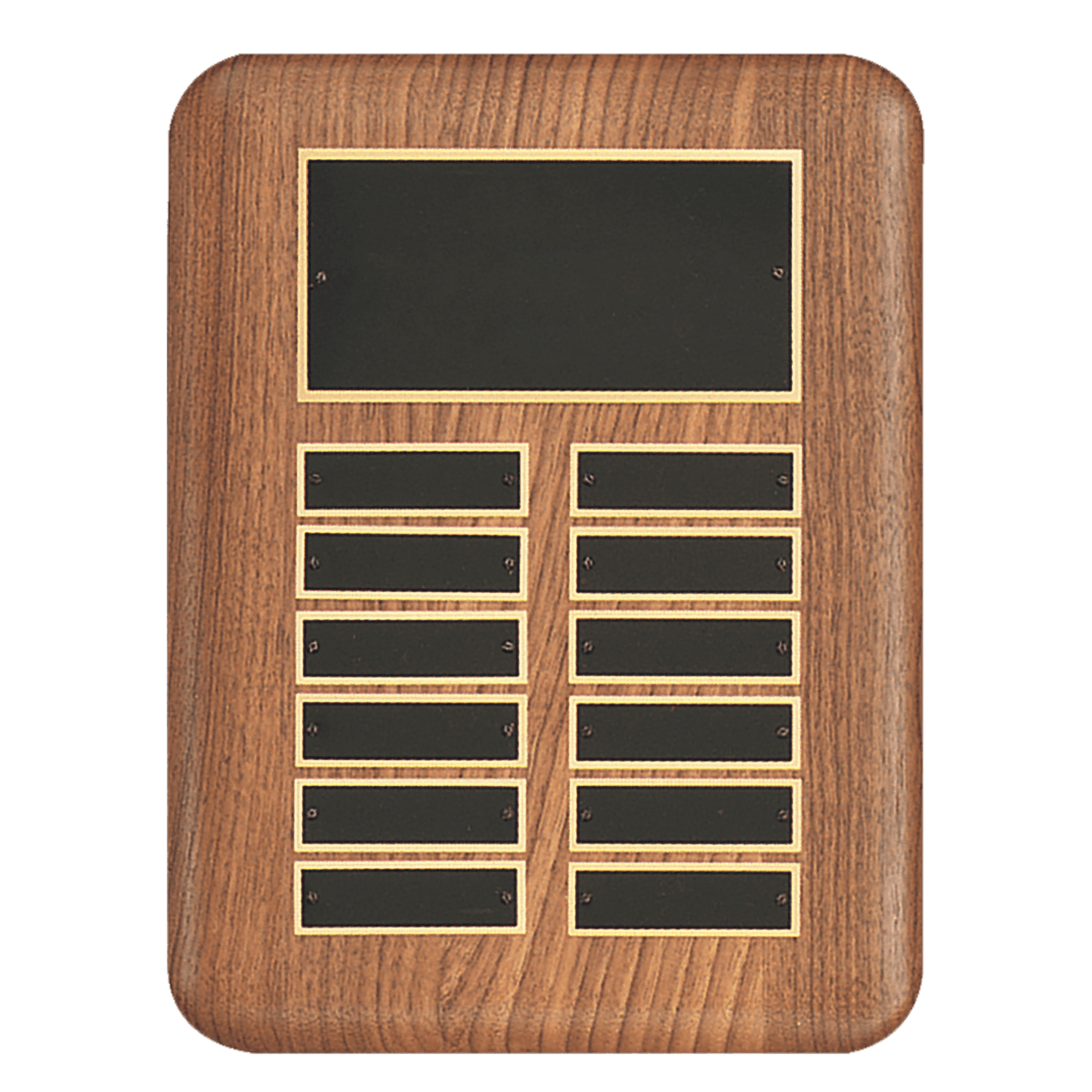 9" x 12" /Plates 7/8" x 2 3/4" American Walnut 12 Plate Perpetual Plaque with Black Brass Header Plate