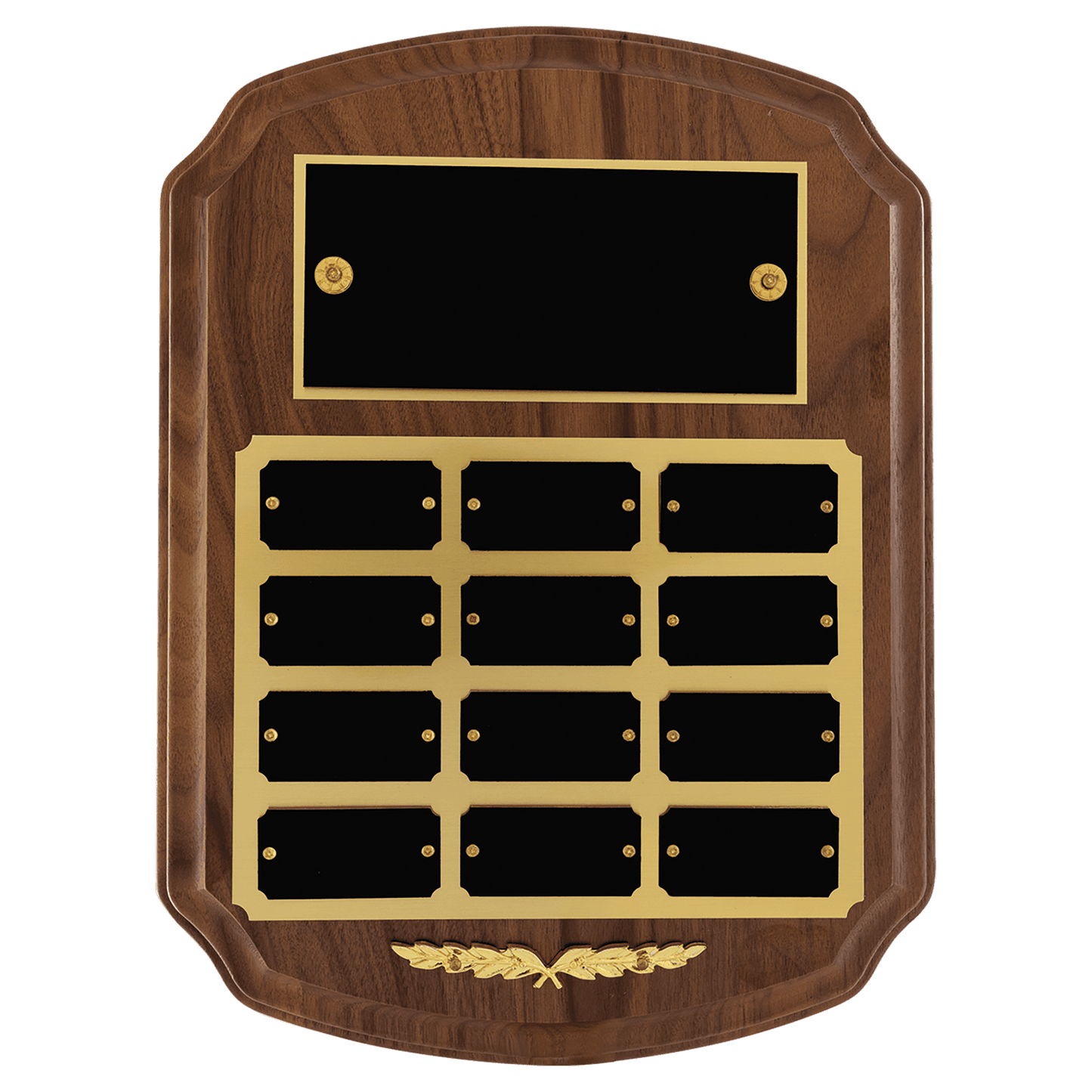 9" x 12"/Plates 1" x 2" American Walnut 12 Plate Perpetual Plaque with Black Brass Plates/Gold Trim