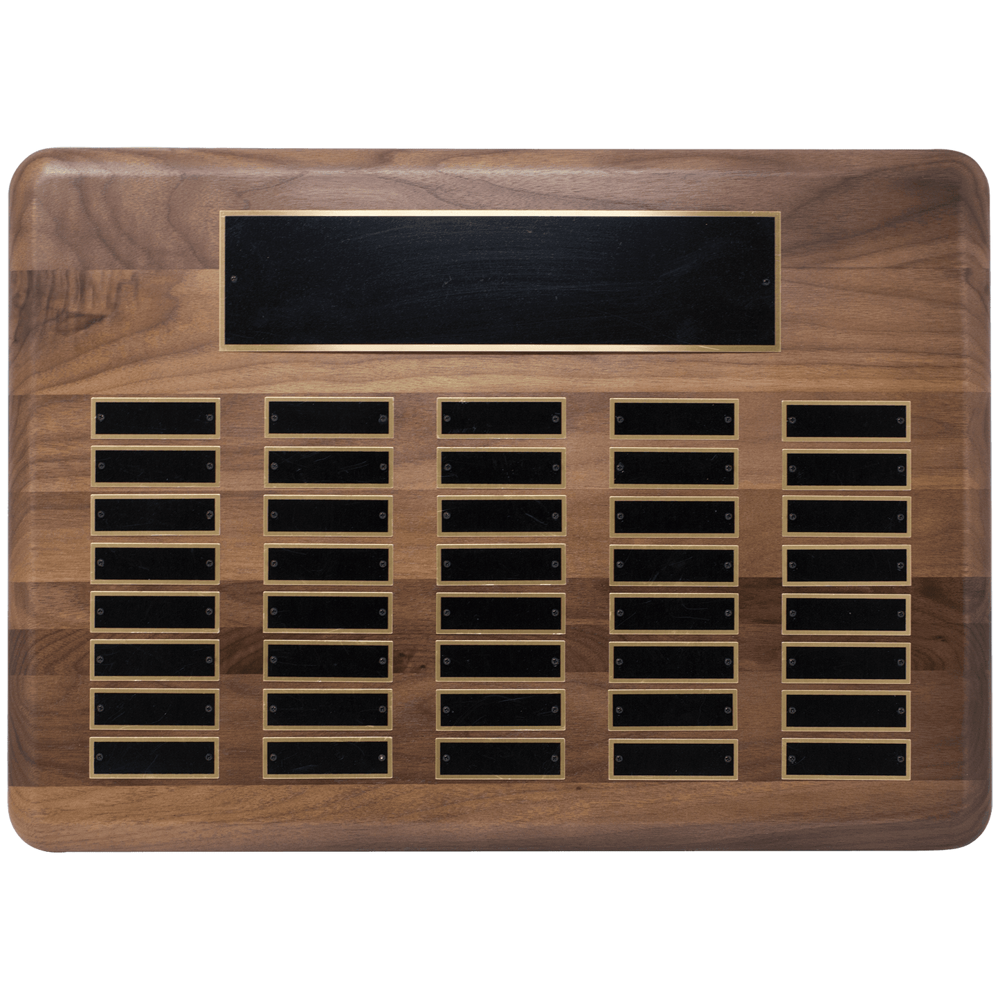 Walnut 40 Plate Perpetual Plaque with Black Brass 15" x 21"/Plates 7/8" x 2 3/4" American Plated Steel Plates