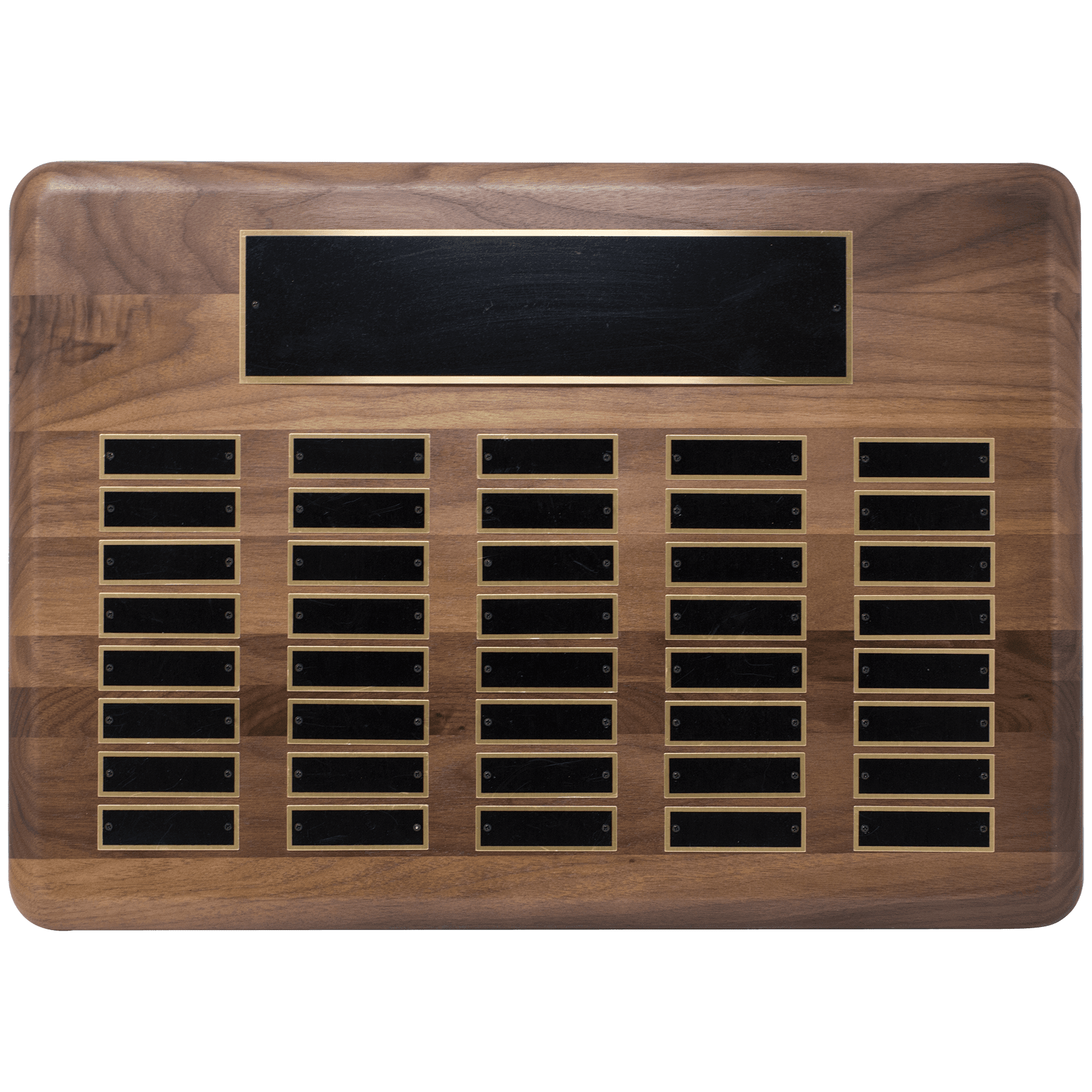 Walnut 40 Plate Perpetual Plaque with Black Brass 15" x 21"/Plates 7/8" x 2 3/4" American Plated Steel Plates