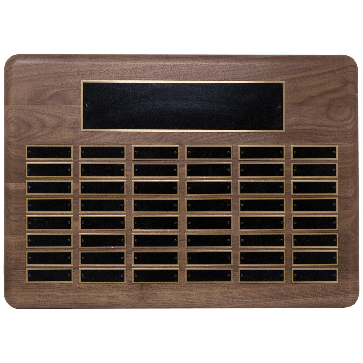 Walnut 48 Plate Perpetual Plaque with Black Brass 15" x 21"/Plates 7/8" x 2 3/4" American Plated Steel Plates