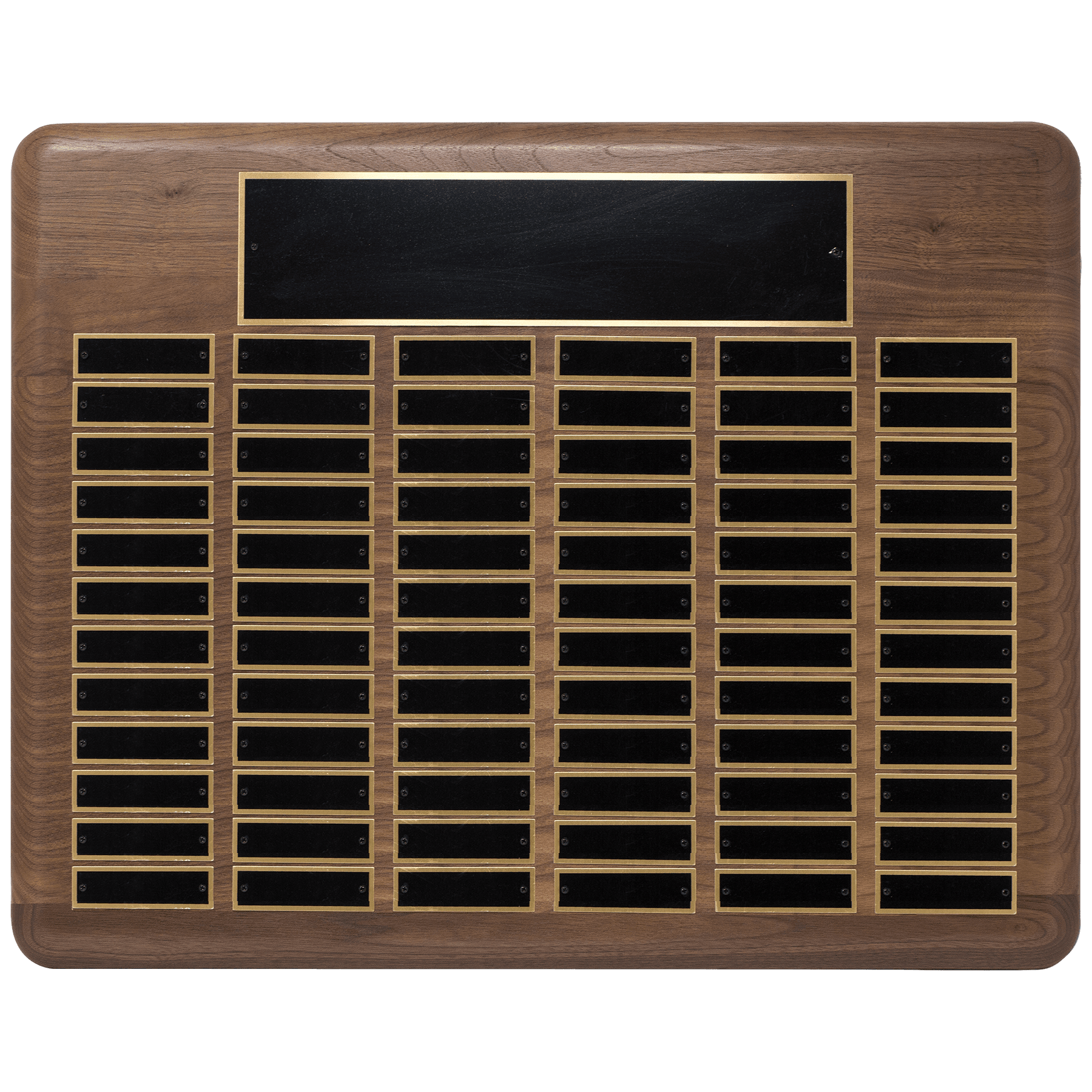 Walnut 72 Plate Perpetual Plaque with Black Brass 22" x 30"/Plates 7/8" x 2 3/4" American Plated Steel Plates