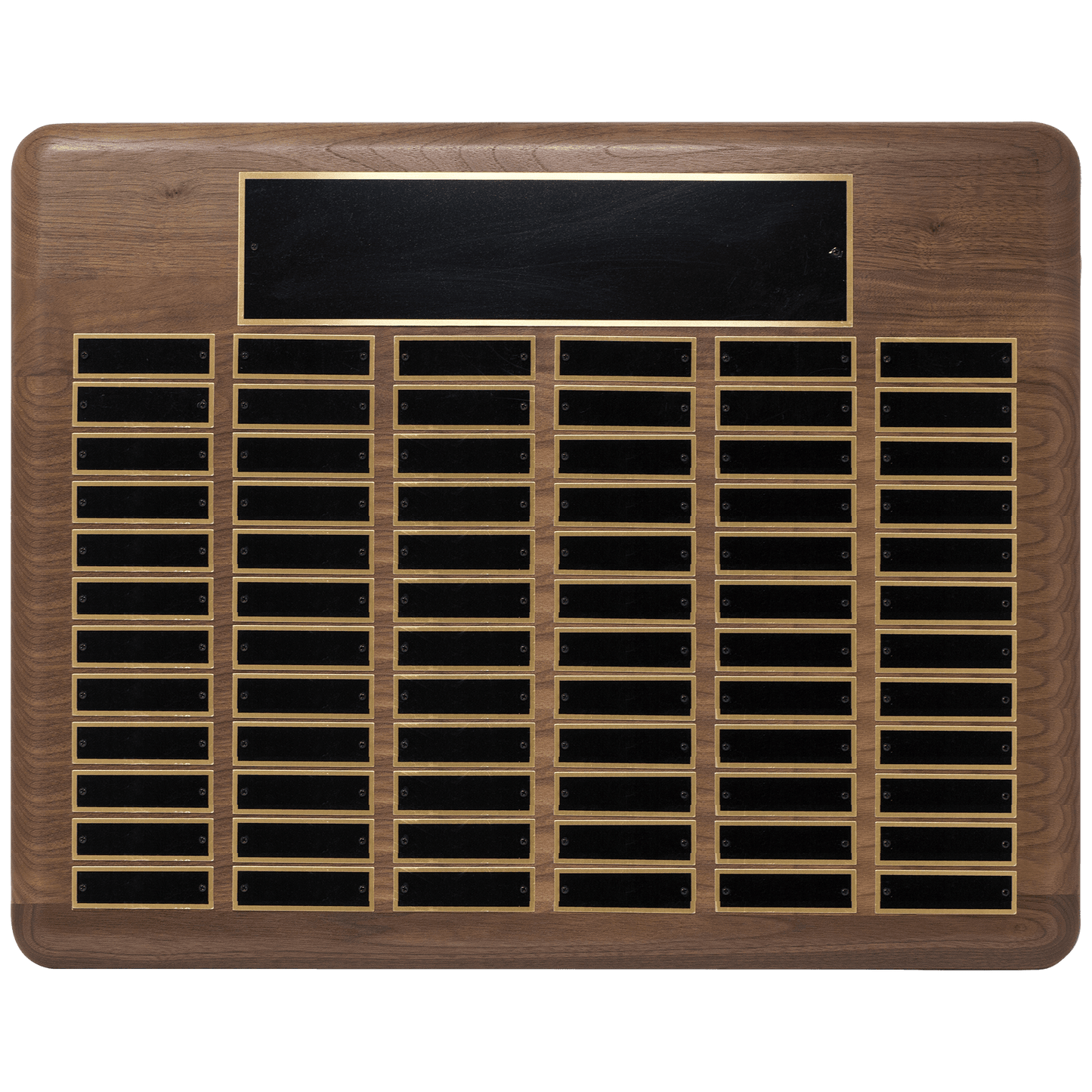 Walnut 80 Plate Perpetual Plaque with Black Brass 22" x 30"/Plates 7/8" x 2 3/4" American Plated Steel Plates