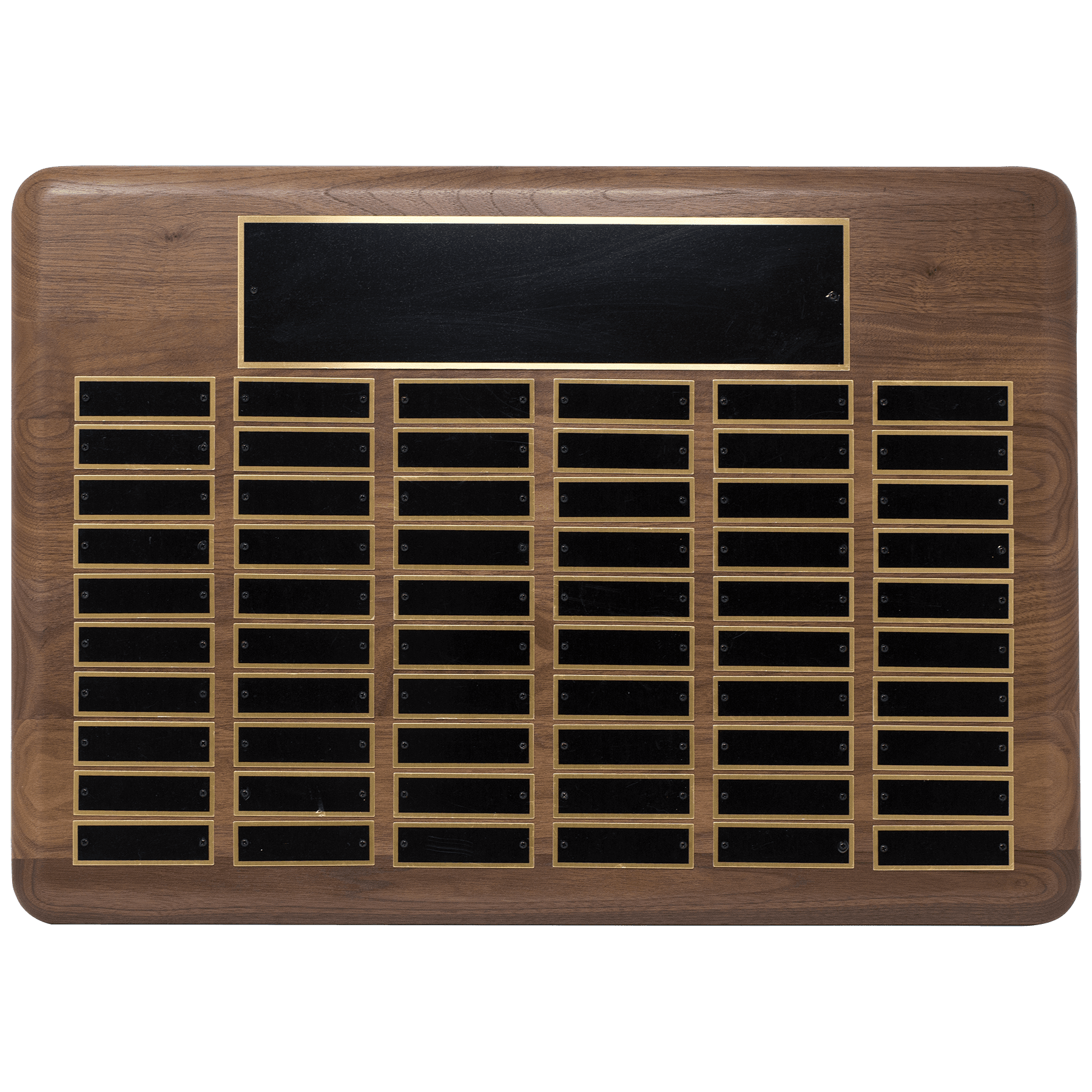 Walnut 96 Plate Perpetual Plaque with Black Brass 22" x 30"/Plates 7/8" x 2 3/4" American Plated Steel Plates