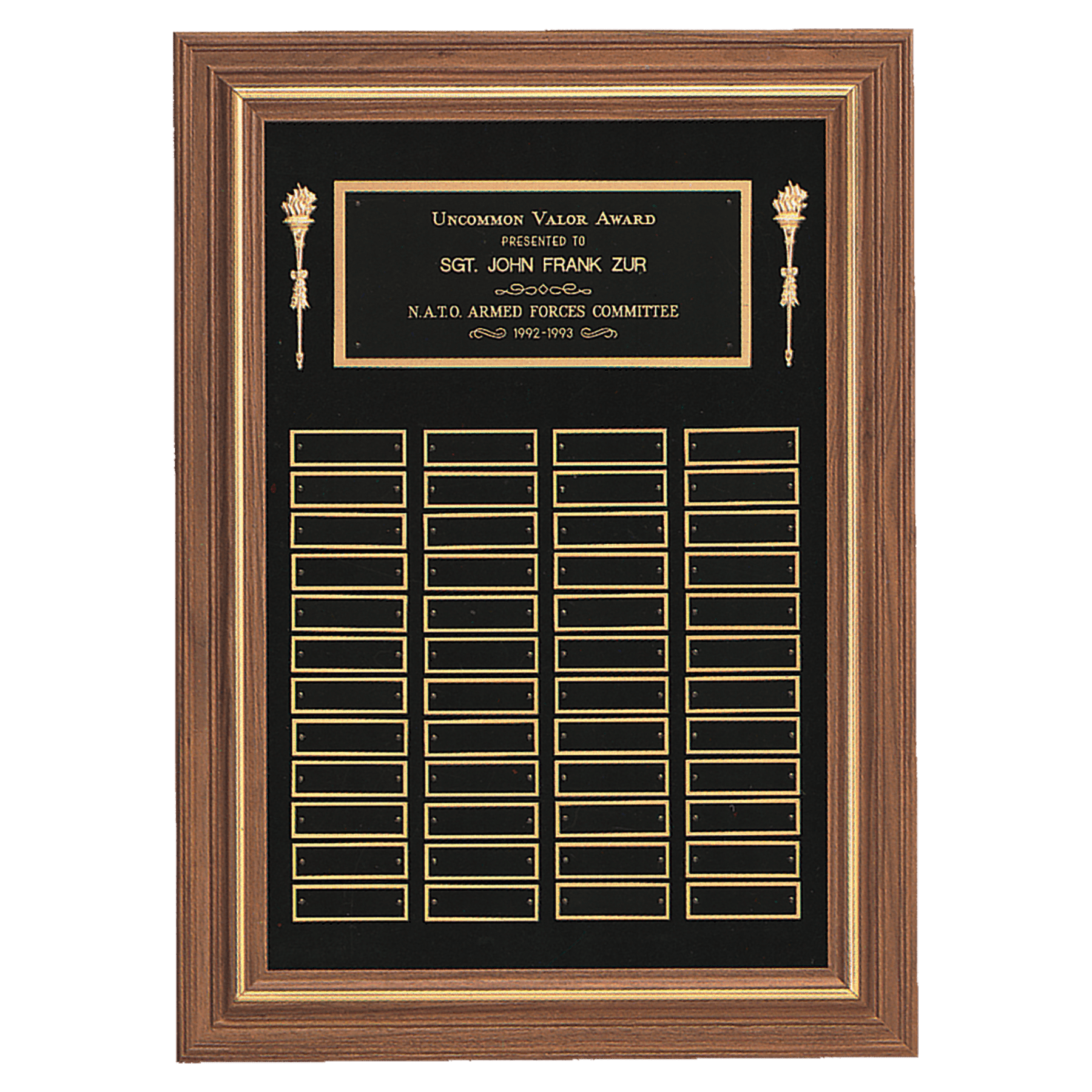 Walnut 36 Plate Perpetual Plaque with Black Brass 18" x 25"/Plates 7/8" x 2 3/4" American Plates