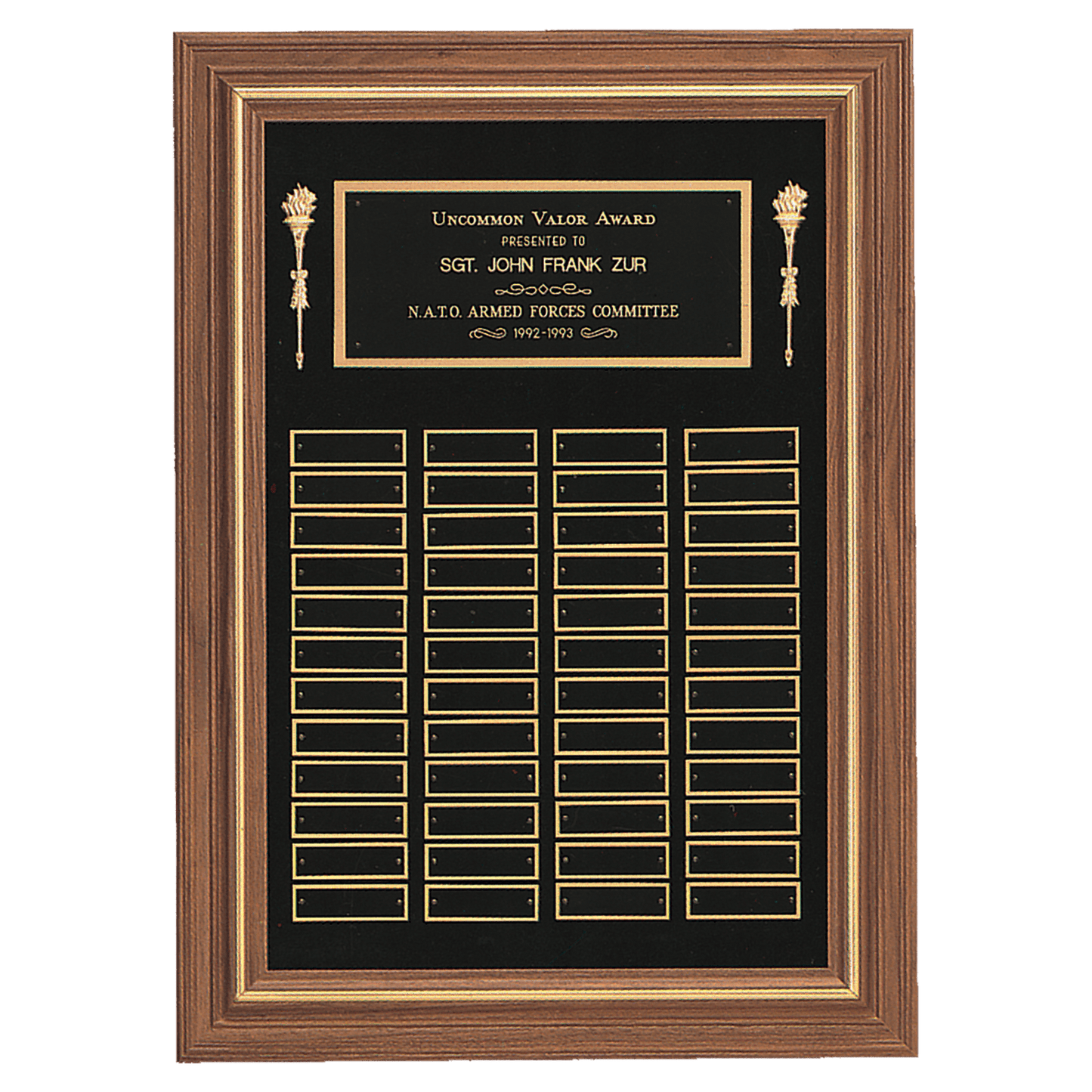 Walnut 48 Plate Perpetual Plaque with Black Brass 18" x 25"/Plates 7/8" x 2 3/4" American Plates