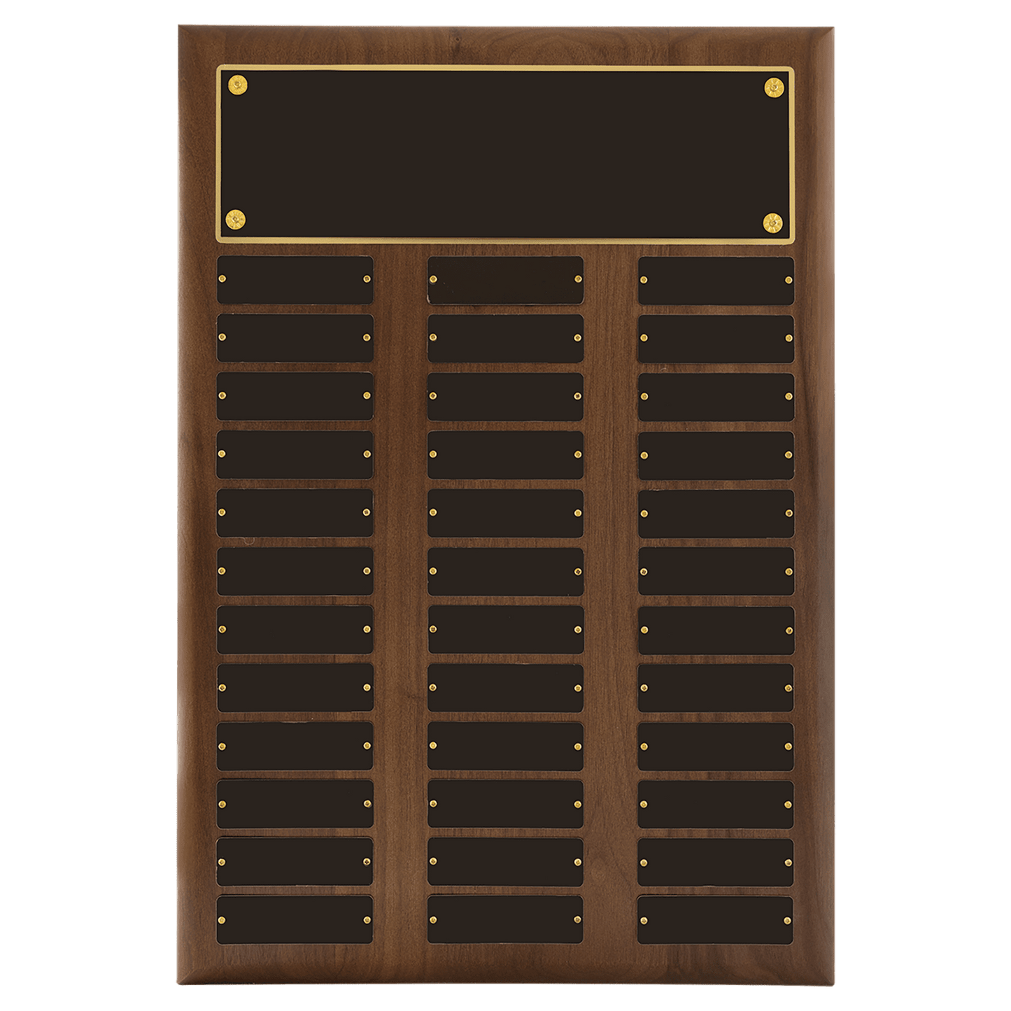 14" x 20"/Plates 1" x 3 1/4" American Walnut 36 Plate Perpetual Plaque with Black Brass Plates