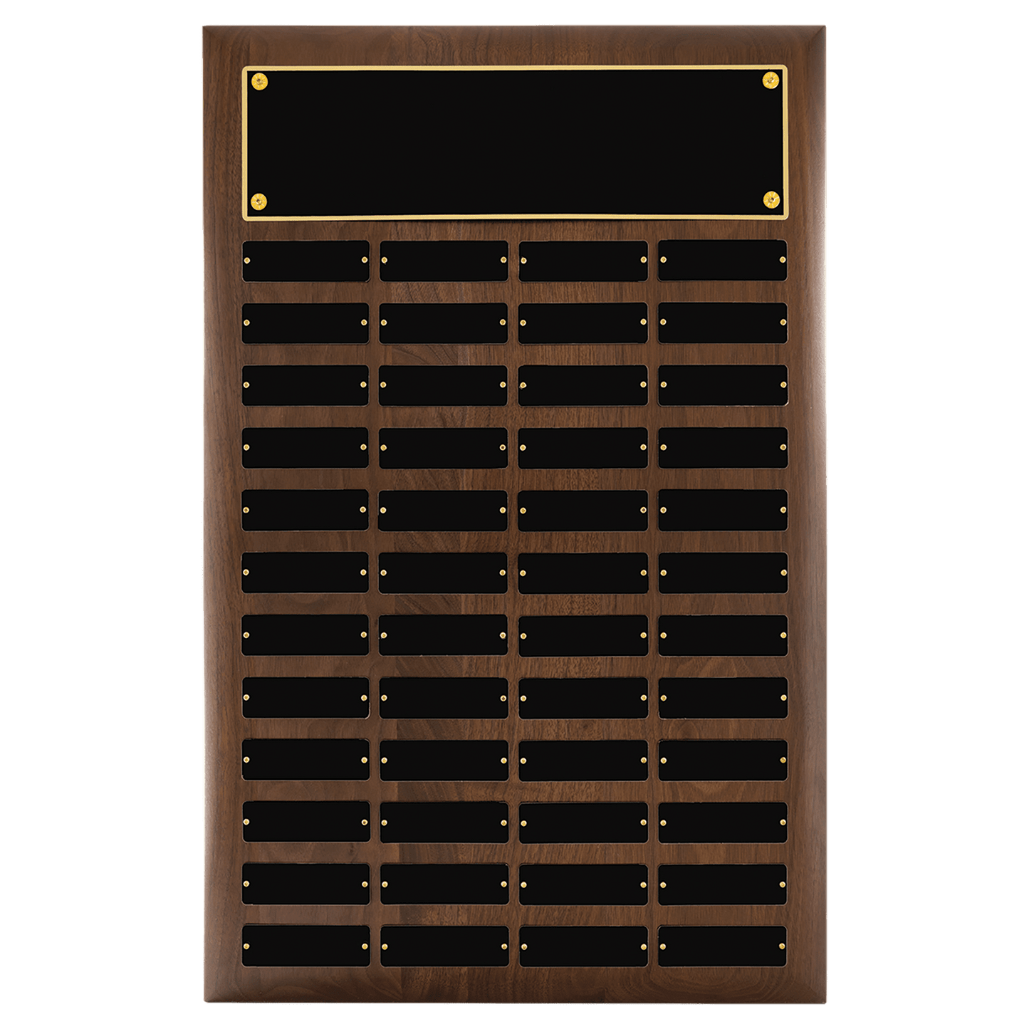 Walnut 48 Plate Perpetual Plaque with Black Brass 16" x 24"/Plates 1" x 3 1/4" American Plates